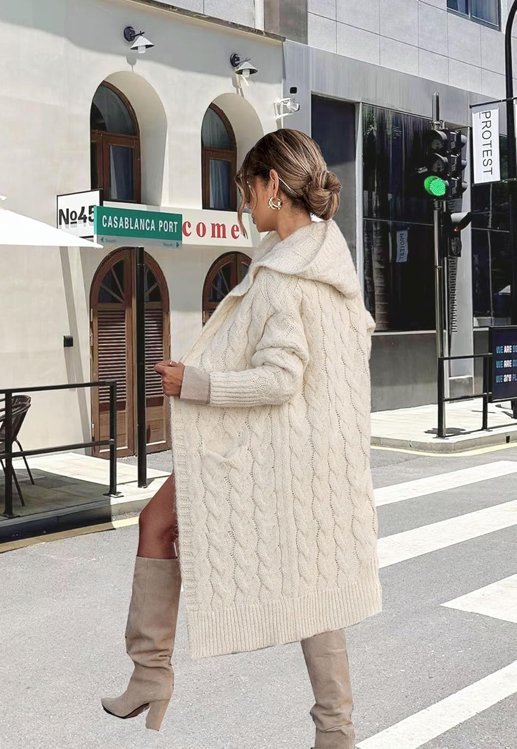 Women's Hooded Open Front Long Cardigan Cable Knit Sweaters Side Pocket Oversized Chunky Cardigan Outwear Coat - Image 4