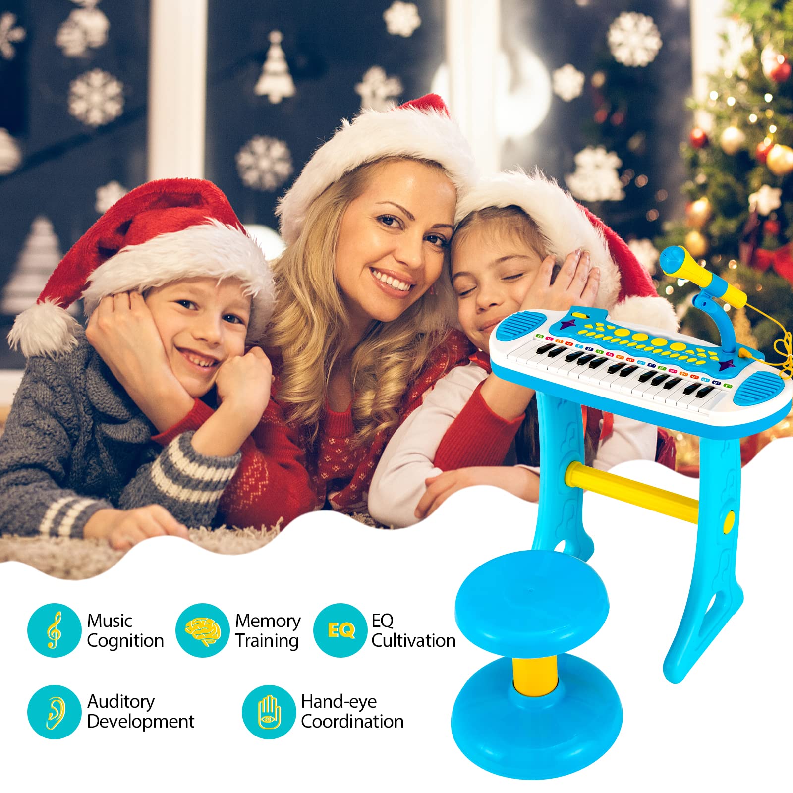 RELAX4LIFE Piano Infantil con 31 Teclas y Taburete, Piano Niños Portátil con Micrófono Ajustable, Funciones de Grabación y Reproducción, Efectos Luminosos para Niños 3+ Años, Juguetes Niños (Azul)