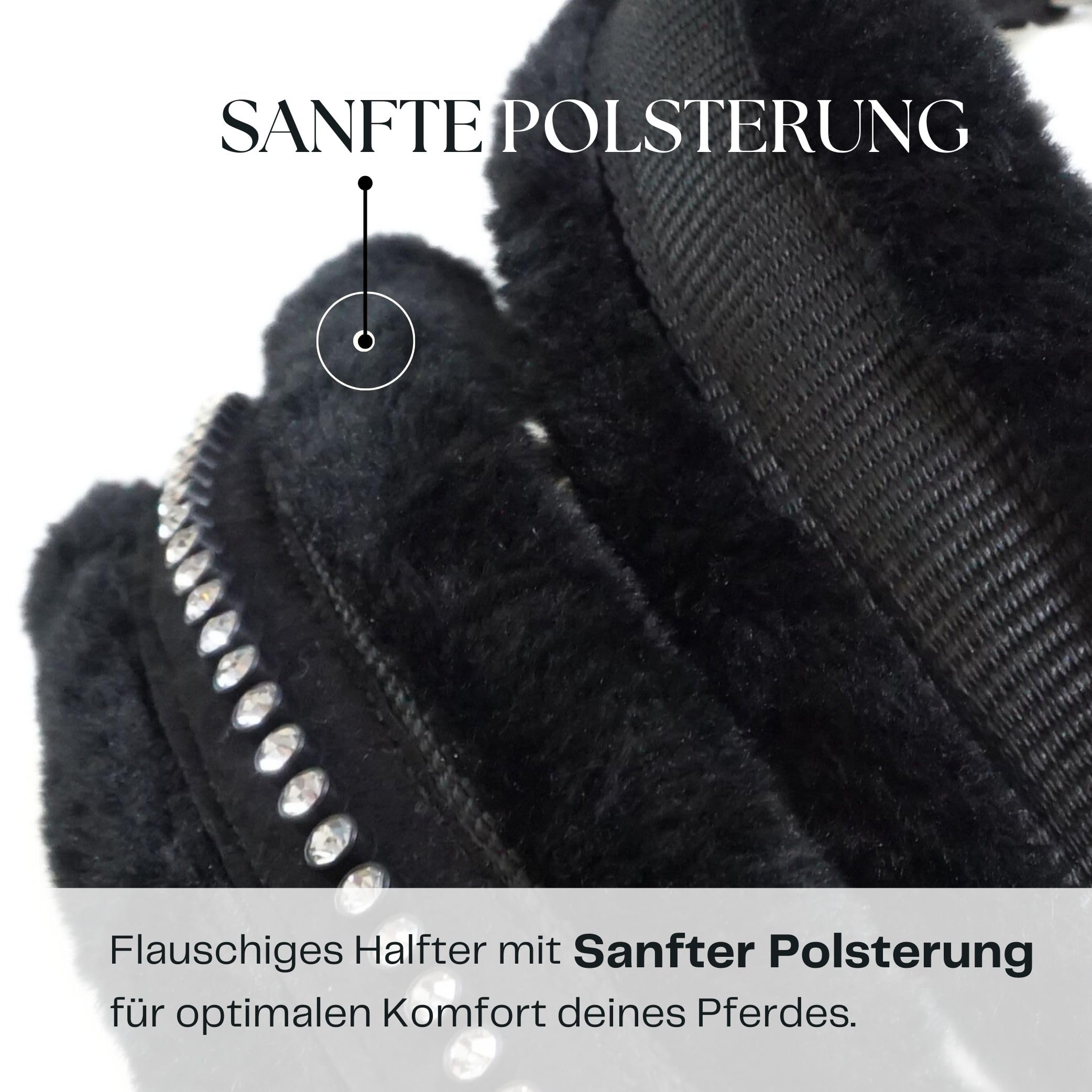 Halfter für Pferde mit Glitzer Steinen, Fell Halfter Pferd in schwarz mit Strass, 2-Fach verstellbar (Schwarz, Shetland Pony (Shetty))