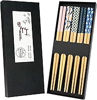 5 Pairs Japanese Natural Bamboo Chopsticks with Unique Pattern Dishwasher Safe, Reusable Non-Slip Chopstick Gift Set for Asian Dishes Sushi Rice Noodles, Nicely Boxed Chinese Chop Sticks Functional