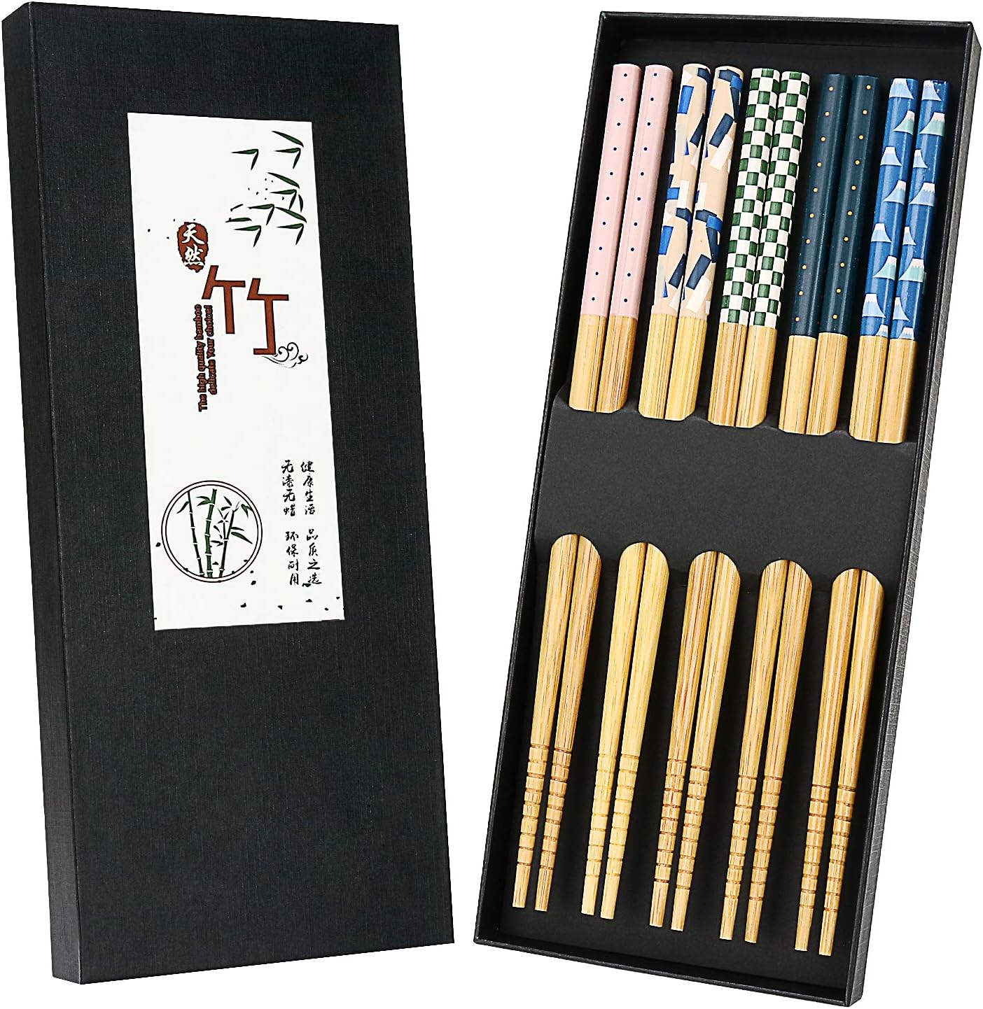 5 Pairs Japanese Natural Bamboo Chopsticks with Unique Pattern Dishwasher Safe, Reusable Non-Slip Chopstick Gift Set for Asian Dishes Sushi Rice Noodles, Nicely Boxed Chinese Chop Sticks Functional