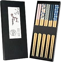 5 Pairs Japanese Natural Bamboo Chopsticks with Unique Pattern Dishwasher Safe, Reusable Non-Slip Chopstick Gift Set for Asian Dishes Sushi Rice Noodles, Nicely Boxed Chinese Chop Sticks