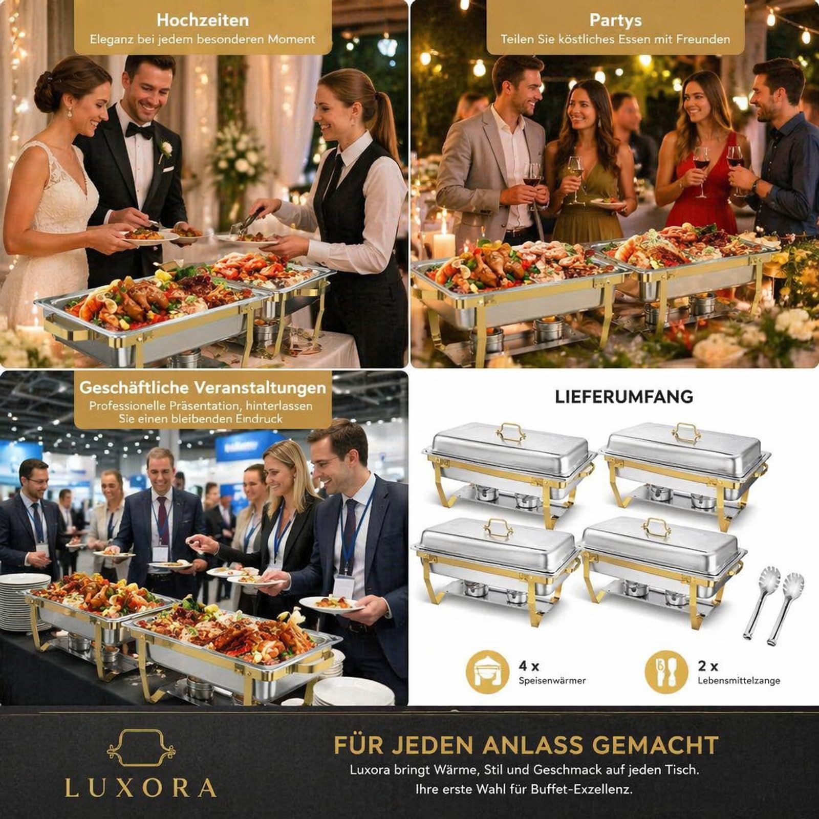 Set scalda buffet in acciaio inox, 2 l + 9 l, con effetto oro, 2 in 1, per catering ed eventi, pieghevole, antiruggine, con controllo della temperatura e supporto del combustibile
