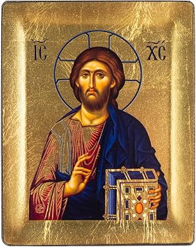 VATOPEDI MONASTERY Jesus Christ 13th-century Embossed Wooden Icon on Canvas with Golden Background from Mount Athos 13 x 10 cm