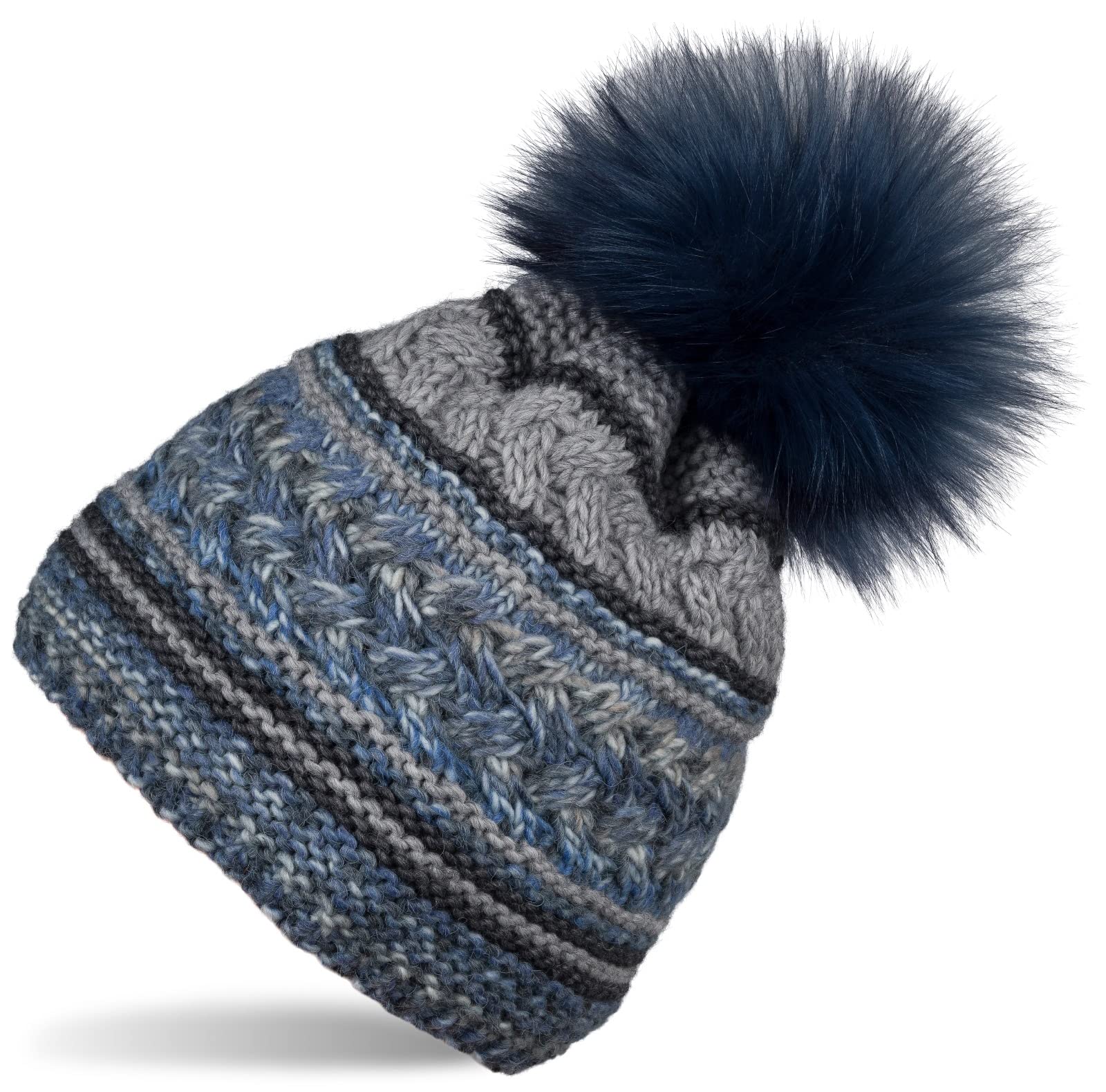 Stylebreaker Women's Dark Blue-Grey Knitted Bobble Hat With Colourful Pattern Mix And Fleece Lining, Winter Fur Bobble Hat, Knitted Hat 04024202, Colour:
