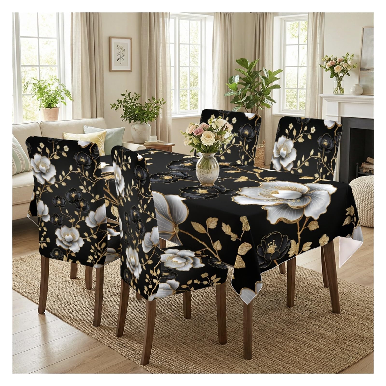 KXUAUV Stretch Dining Chair Slipcovers And Tablecloth Set, Black Background Luxury Gold White Floral Print, 5/7 Pack For Dining Room Kitchen Home Decor Party Decor(5pcs Set: Tablecloth+Chair Covers)