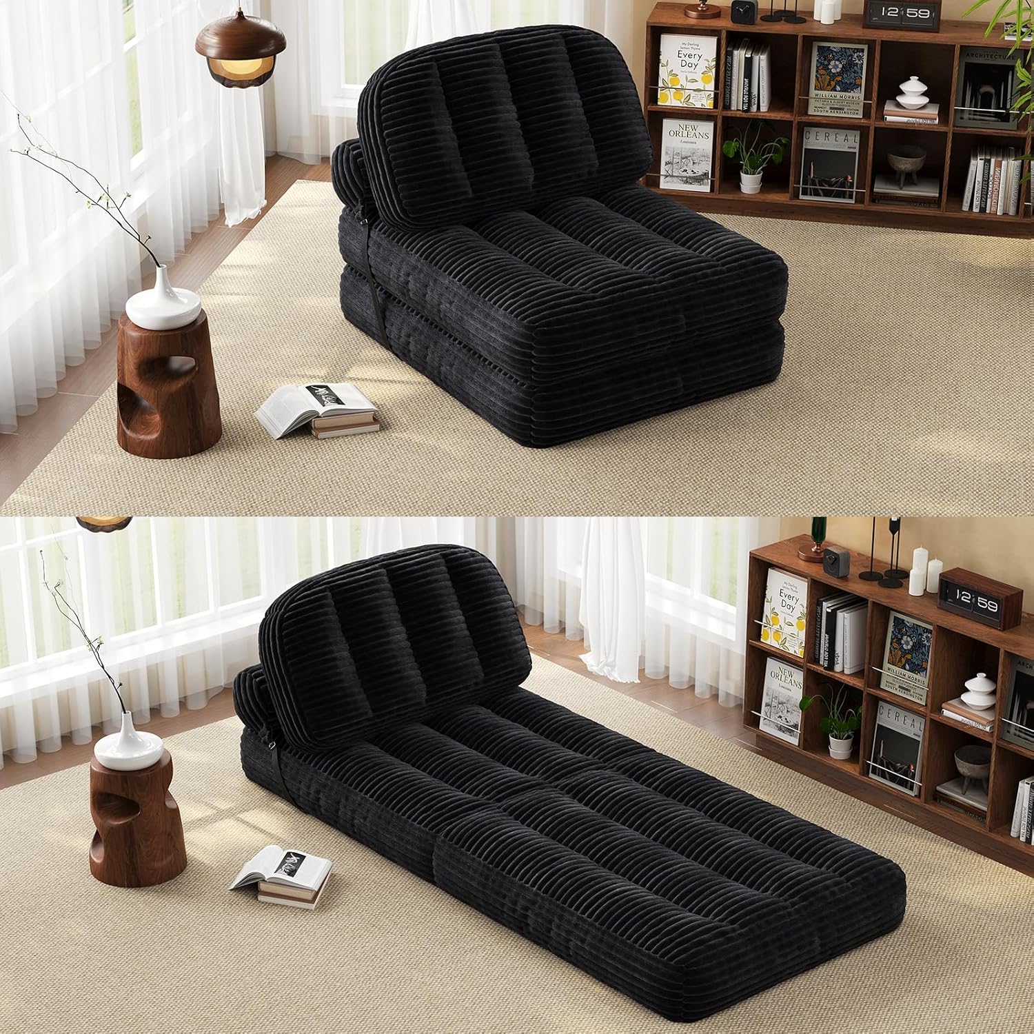 Folding Sofa Bed, Foldable Sleeper Chair with Pillow & Mattress - Portable Floor Lounger with Back Support for Living Room, Bedroom, Office - Convertible Guest Bed (Black)