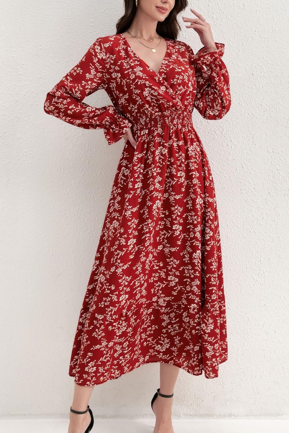 Long Sleeve Dress for Women Red Floral Maxi Dress V-Neck Smocked Elastic Waist Casual Bohemian Style - Image 3