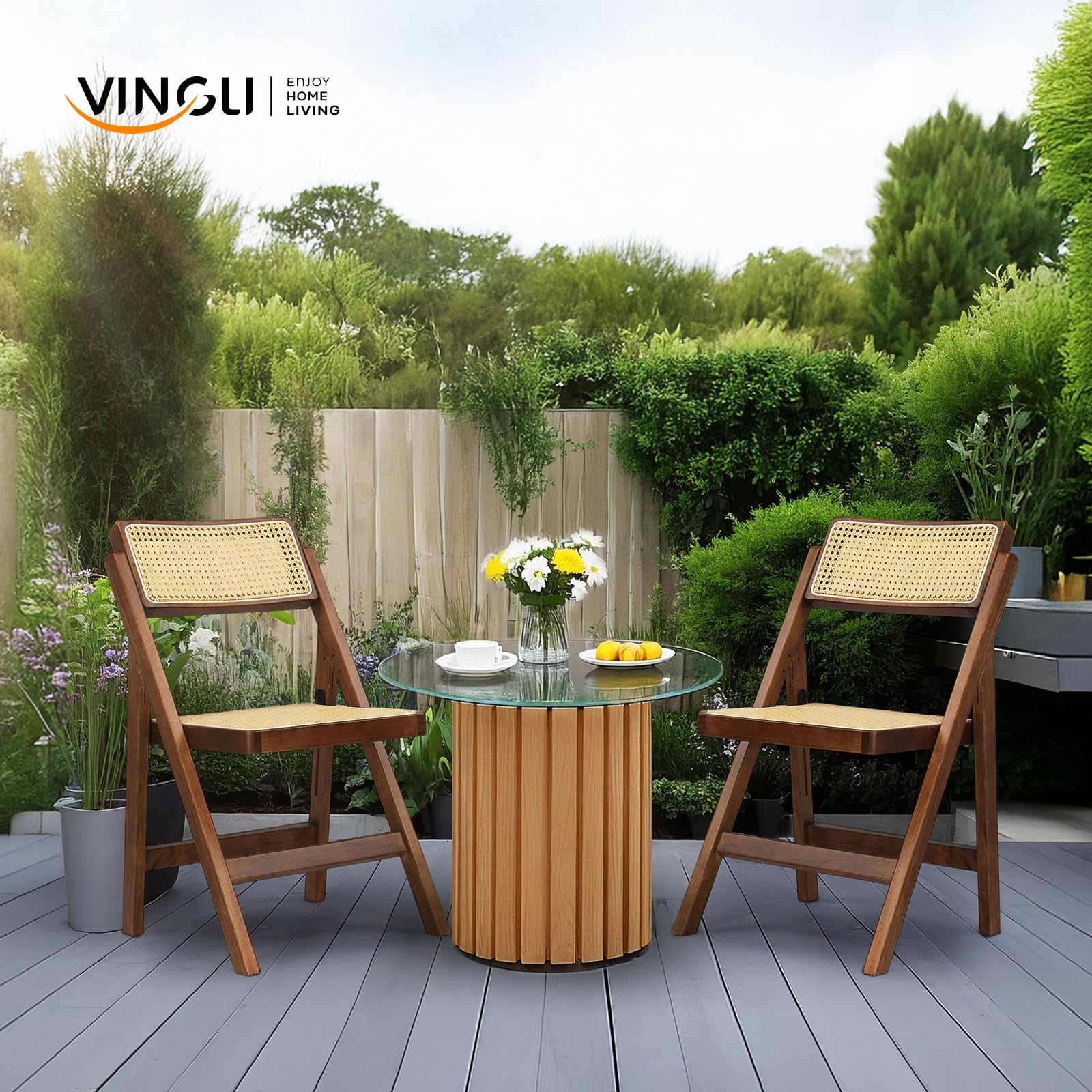 VINGLI 2 Pack Rattan Wooden Folding Chair, Dining Folding Chair with 360° Swivel Backrest, Sturdy Rubberwood Frame and Rattan Woven Seat and Back, Walnut, Set of 2