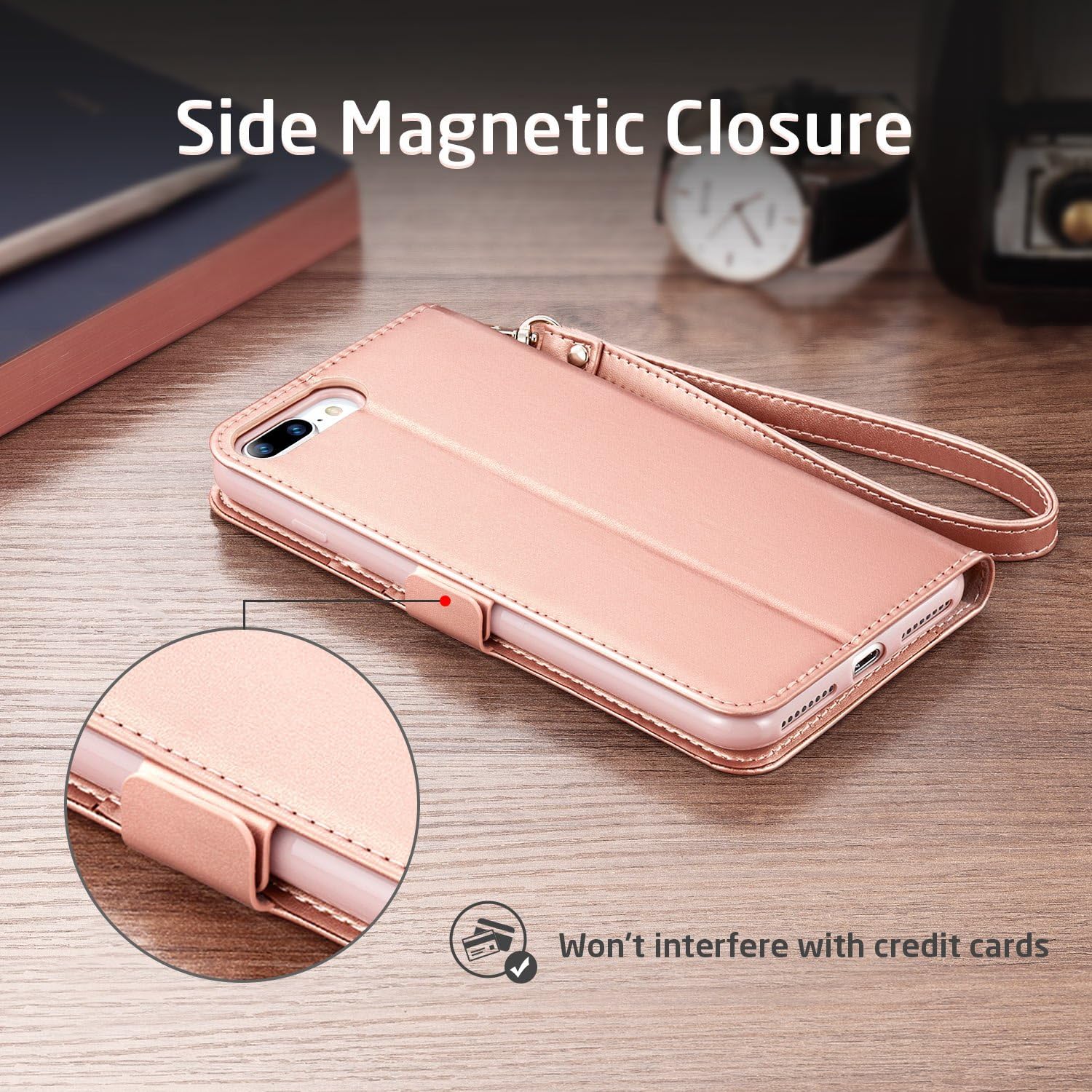 ESR iPhone 8 Plus Case, iPhone 7 Plus Case, Wallet Case, [Kickstand Feature] [Scratch-Free Flexible Inner Case] Folio Wallet Case with Strap/Card Slots/Side Pocket(Rose Gold)