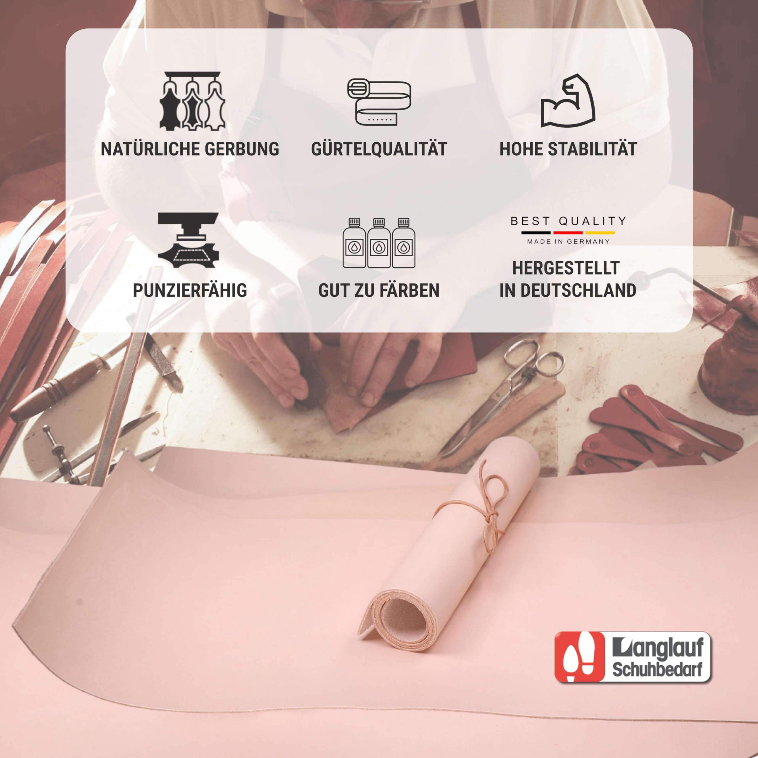 Langlauf Schuhbedarf® Pelle punziata XXL, grande taglio in pelle, pelle bovina, pelle spessa, 250 mm x 600 mm, pelle bovina conciata al vegetale, pelle bovina (spessore pelle 1,7 – 2,0 mm)