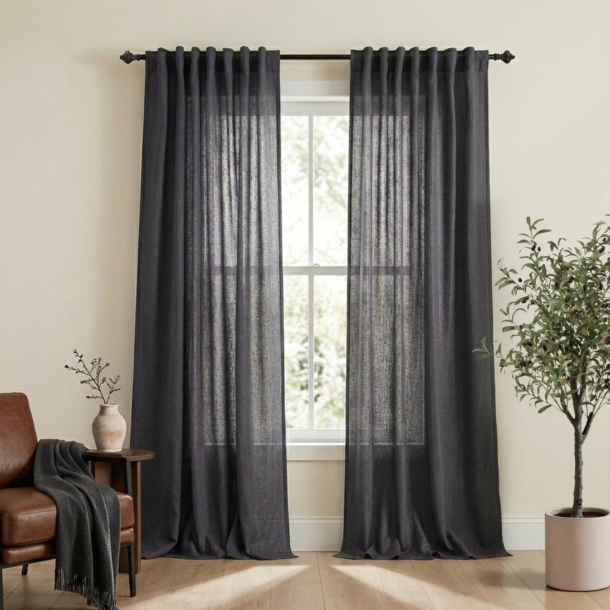 Mrs.Naturall Dark Grey Curtains for Living Room,Charcoal Gray Linen Sheer Boho Farmhouse Curtain Drapes 84 Inches Long for Bedroom Home Office 2