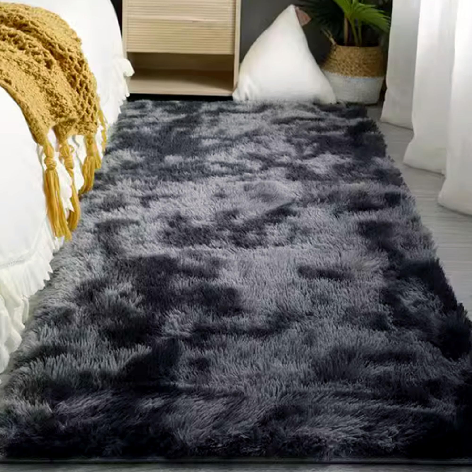 Tapis salon shaggy poil long grande taille 130x300 cm gris foncé