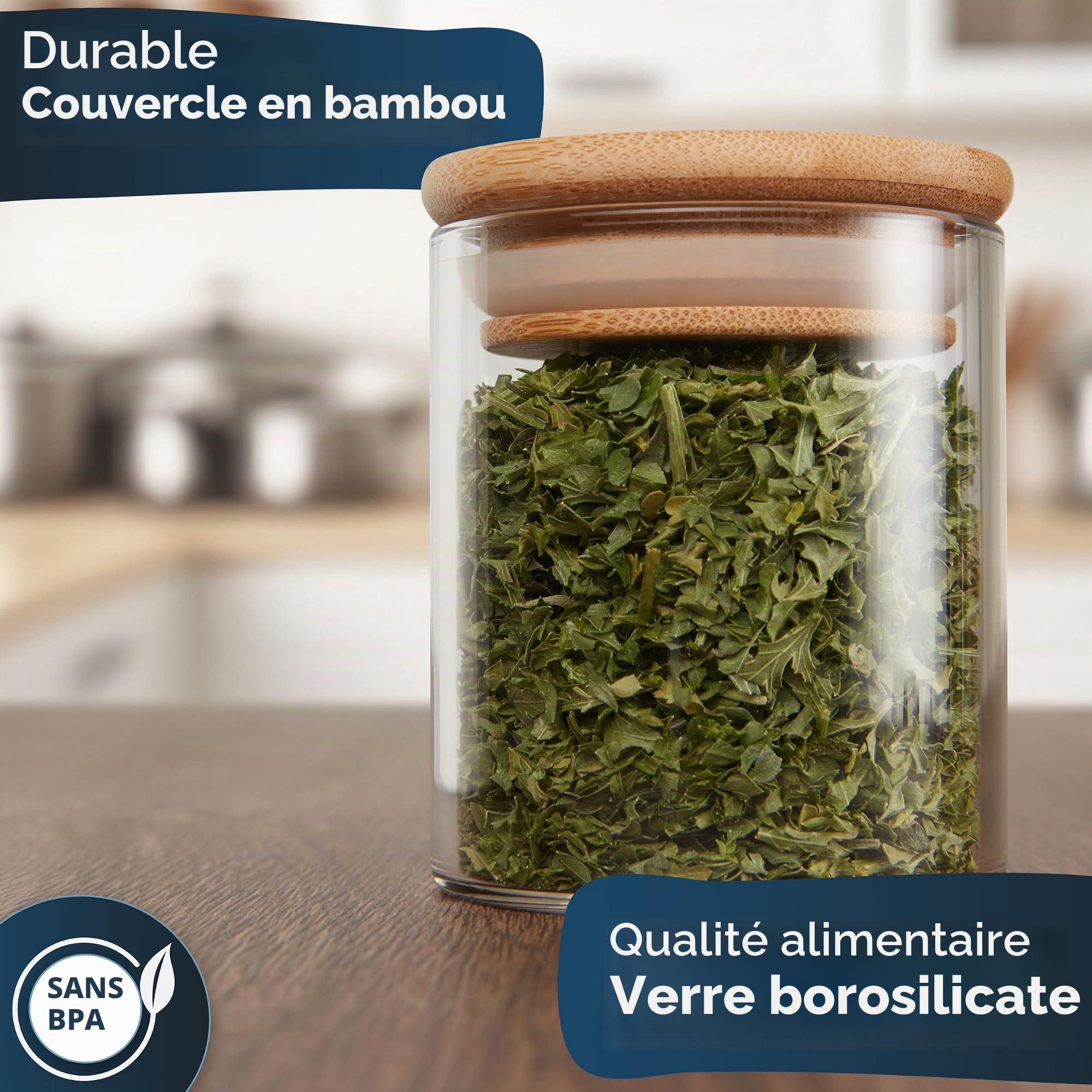CLIDOR Lot de 12 pots à épices ronds de 125 ml, épaisseur du verre accrue, boîtes à épices empilables avec couvercle en bambou, récipients à épices hermétiques pour la cuisine, pots à épices