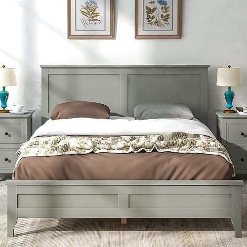 LZ LEISURE ZONE Cama de plataforma de tamaño matrimonial, marco de cama moderno de madera maciza, no necesita somier, color gris