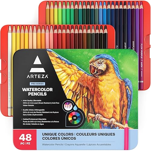 ARTEZA Watercolor Pencils, Set of 72 – Water-Soluble Colored Drawing Tools with Lightfast Cores for Layering, Blending & Storage in Metal Tin