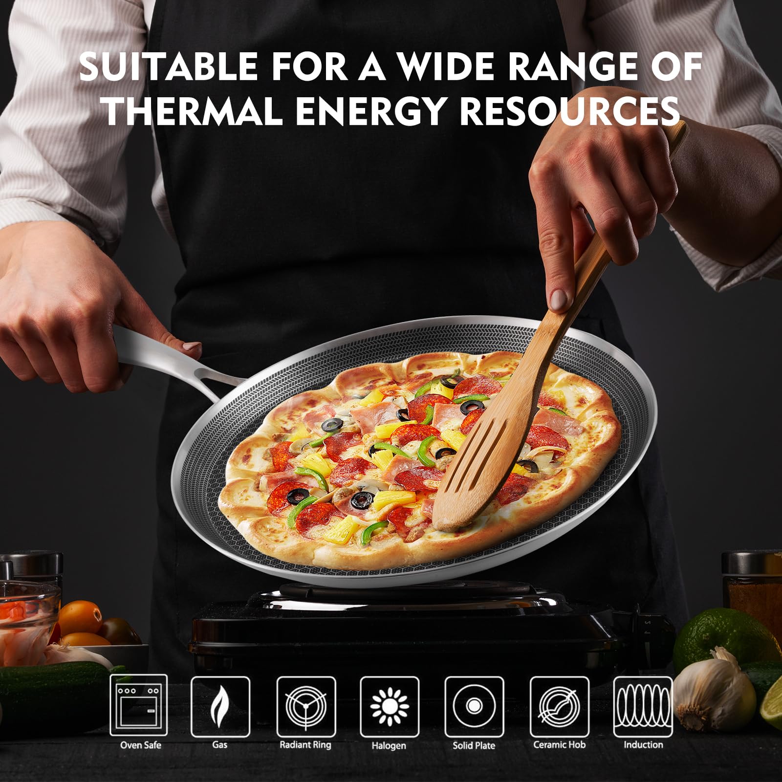Honeycom - Padella per crepe antiaderente in acciaio inox, 28 cm, compatibile con induzione, senza PFOA (28 cm)