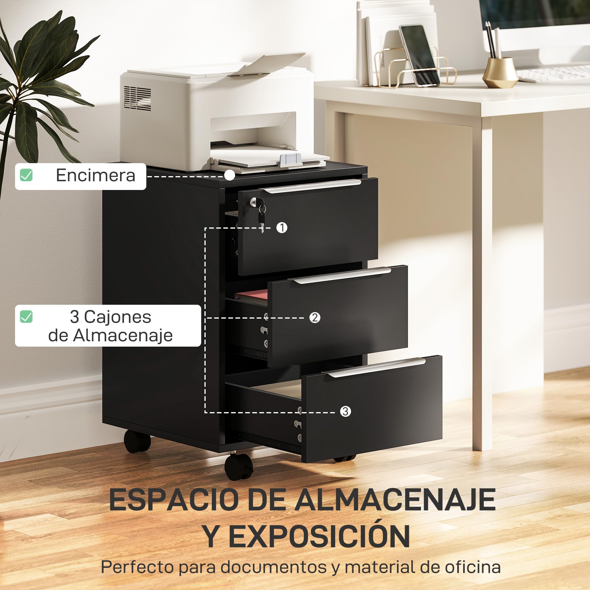 HOMCOM Cajonera de Escritorio con 3 Cajones, Cajonera de Oficina con Ruedas, Cerradura y 2 Llaves, Archivador Móvil para Estudio, Salón, 40x40x63,5 cm, Negro