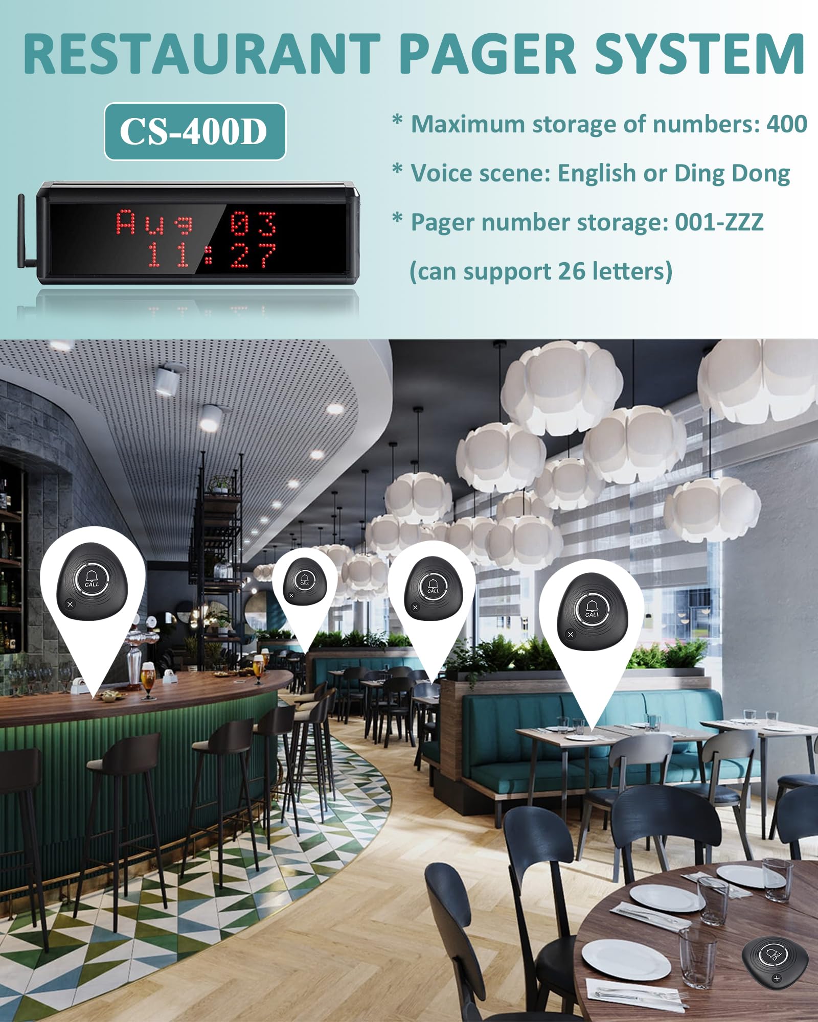 WNKRUN Restaurant Pager System Long Range Wireless Calling System with 2 Display Screens/30 Waterproof Call Buttons/2 Remote Controls/4 Watch Pagers