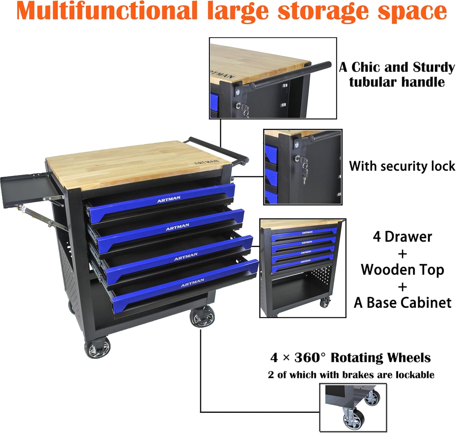 4 Drawers Tool Chest on Wheels,Tool Storage Cart with Wooden Top,Drawers Rolling Tool Box Organizer Tool Case with Lock for Garage,Warehouse,Workshop,Repair Shop (4 Drawers-35.4"H-Black&Blue)