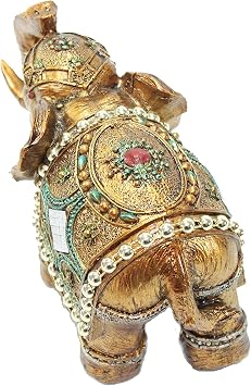 Feng Shui Brass Color 6 Elegant Thai Elephant Trunk Statue Wealth Lucky Figurine + Gold Mini Buddha Home Decor Gift