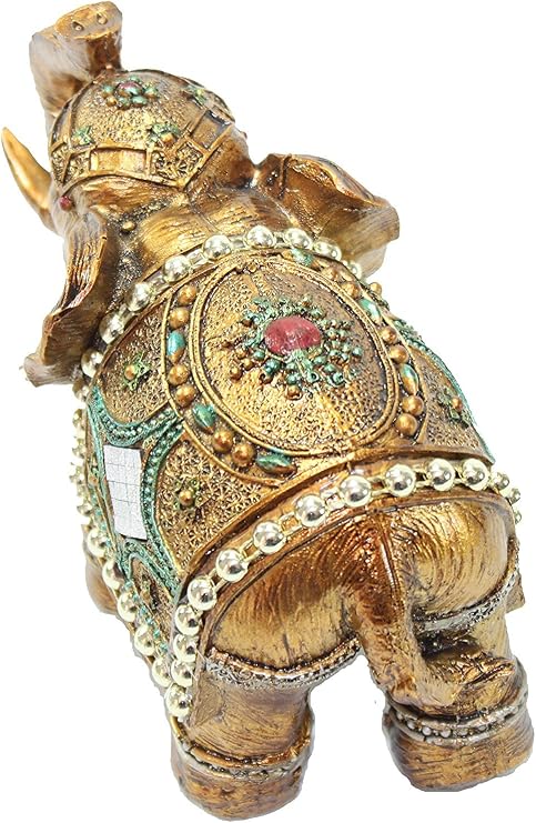 Feng Shui Brass Color 6 Elegant Thai Elephant Trunk Statue Wealth Lucky Figurine + Gold Mini Buddha Home Decor Gift