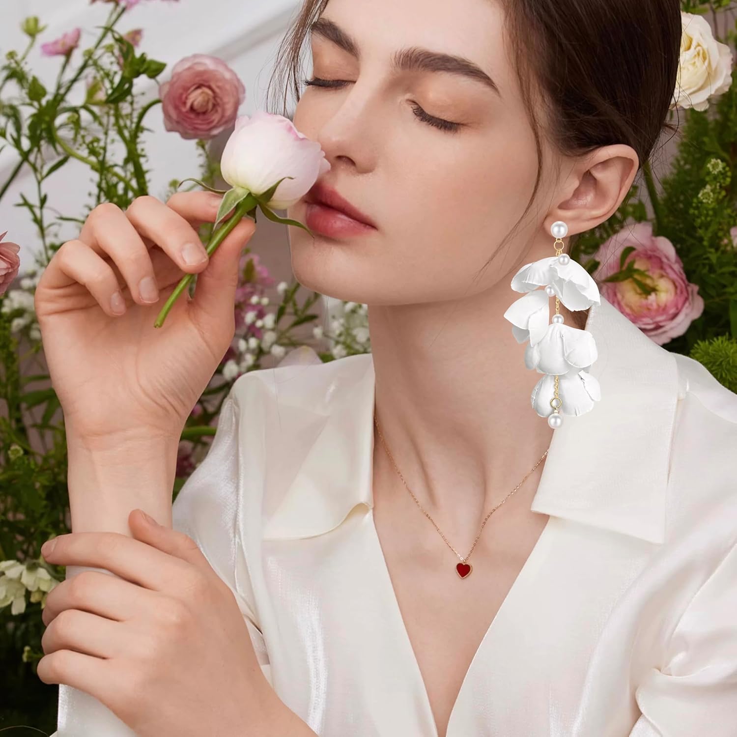 Handmade Bohemian Pearl Fabric Flower Dangle Drop Earrings Lightweight Summer Floral Stud Earrings For Women - Image 3