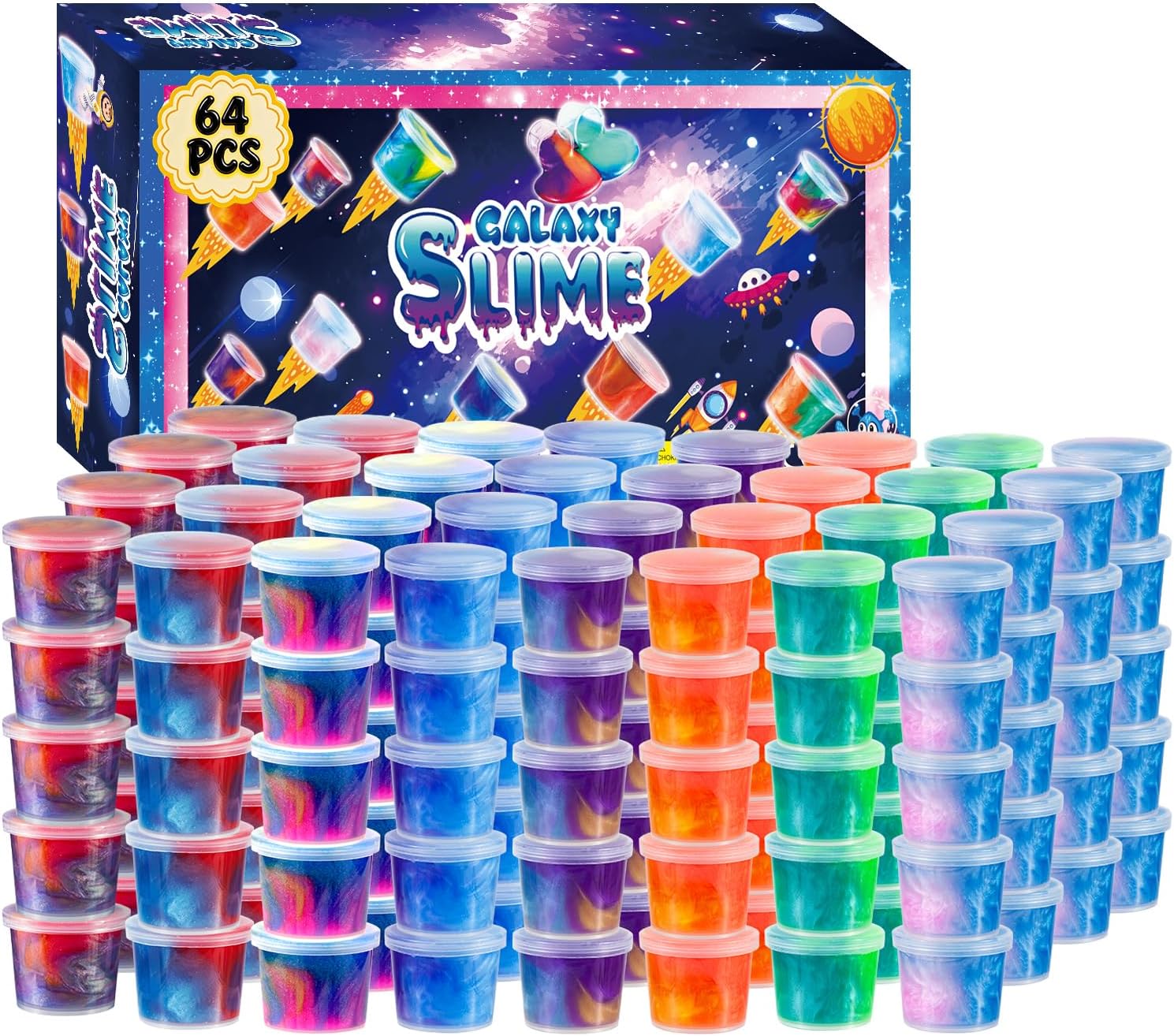 Colorful Galaxy Slime Party Pack 64 Counts, Multi-Color Metallic Putty for Kids Sensory Play, Party Favors, Goody Bag Toy