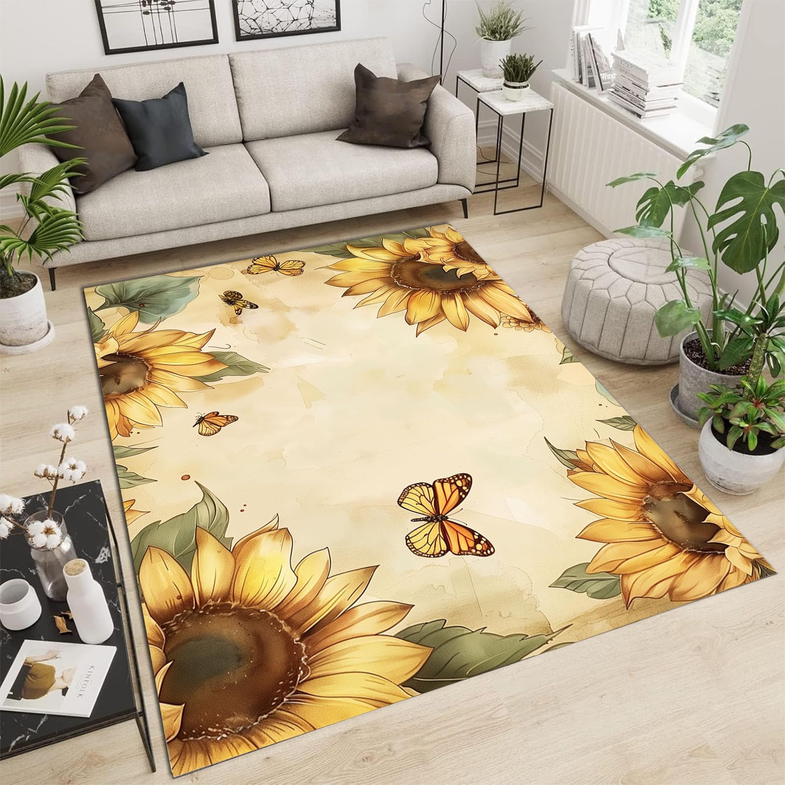 Tapis moquette de salon à poils ras doux à motif tournesol jaune