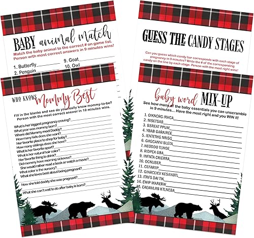 Lumberjack Baby Shower Juego Bundle (25 invitados) Incluye Who Knows Mommy Best, Word Scramble, Animal Matching, Candy Guessing Oso rústico, alces
