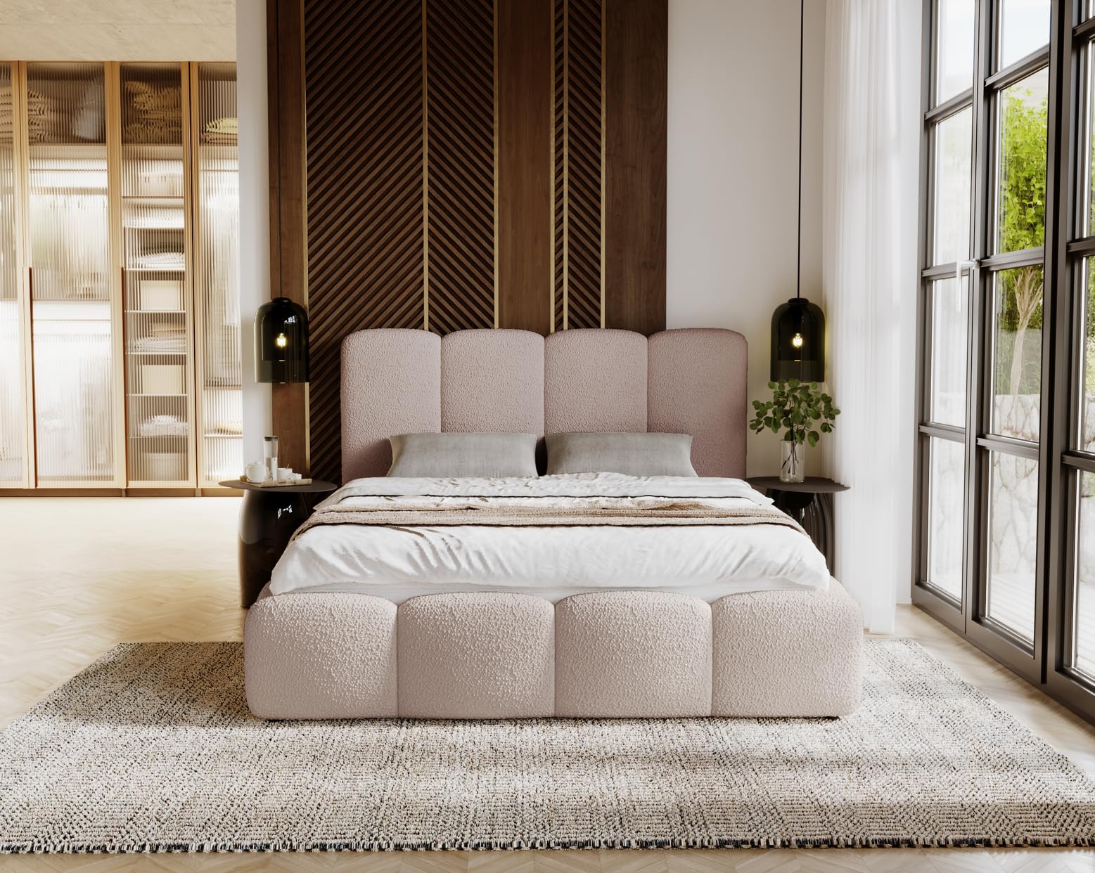 Polsterbett PATERNA 180x200 cm gepolstert mit Bouclé Stoffbezug - Weiß