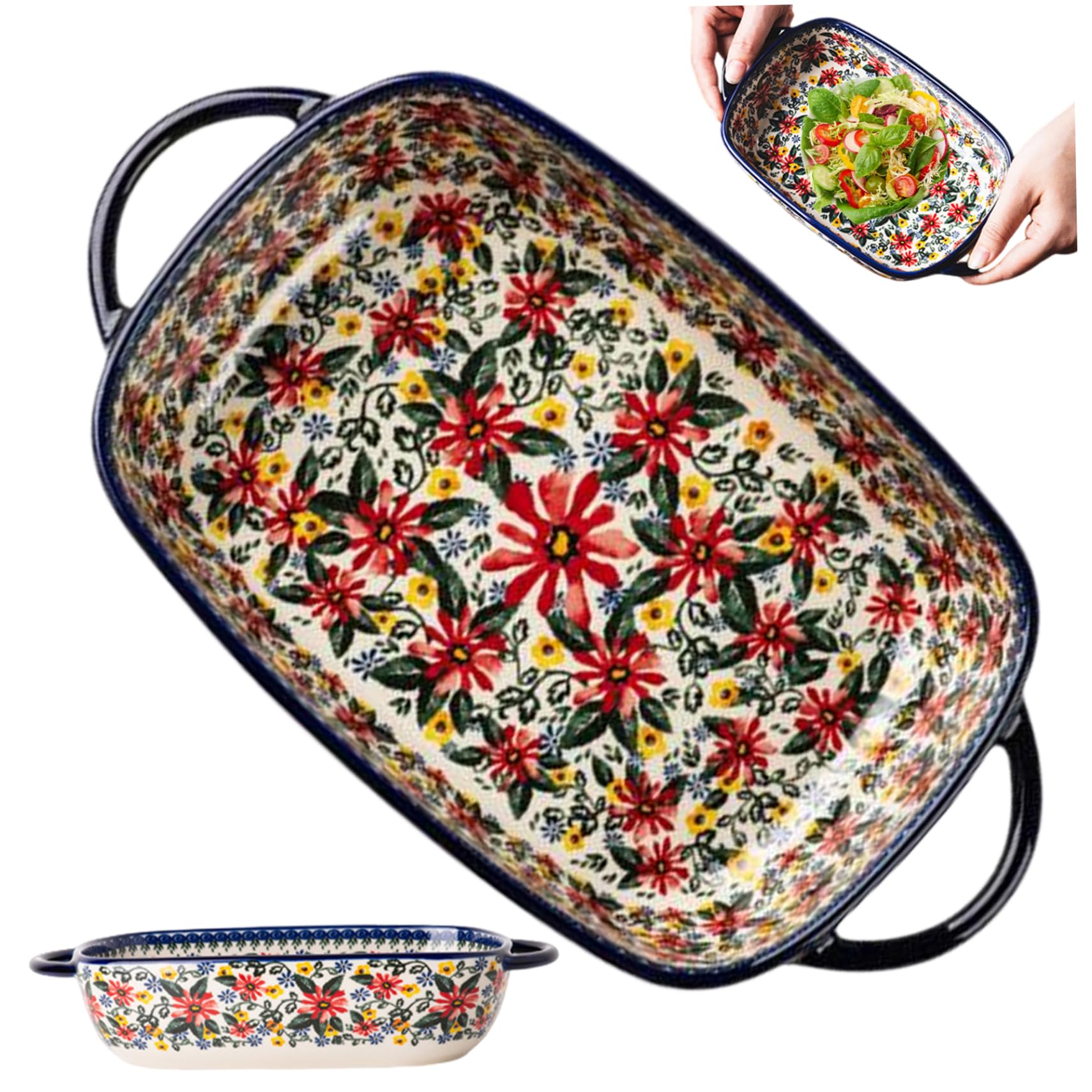 Bandeja para hornear, cacerola rectangular de cerámica de 27, 5x19 cm con asas, fuente para hornear con patrón de margaritas para horno y cocina