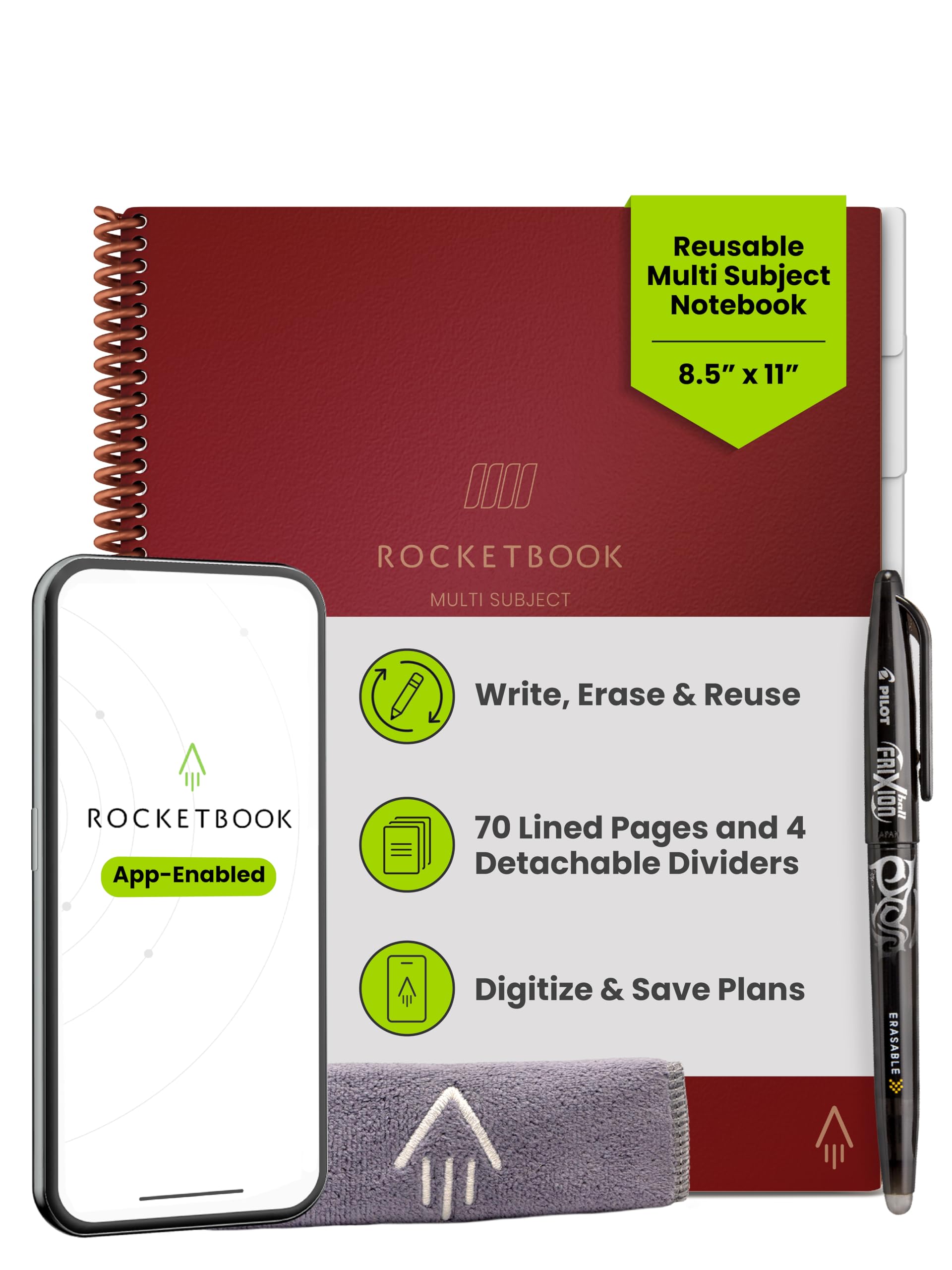 Rocketbook Multi-Subject Reusable Smart Notebook, Notebook For School and Work, 70 Lined Pages Multi-Subject, 4 Adjustable Dividers, Letter Size 8.5x11, Maroon
