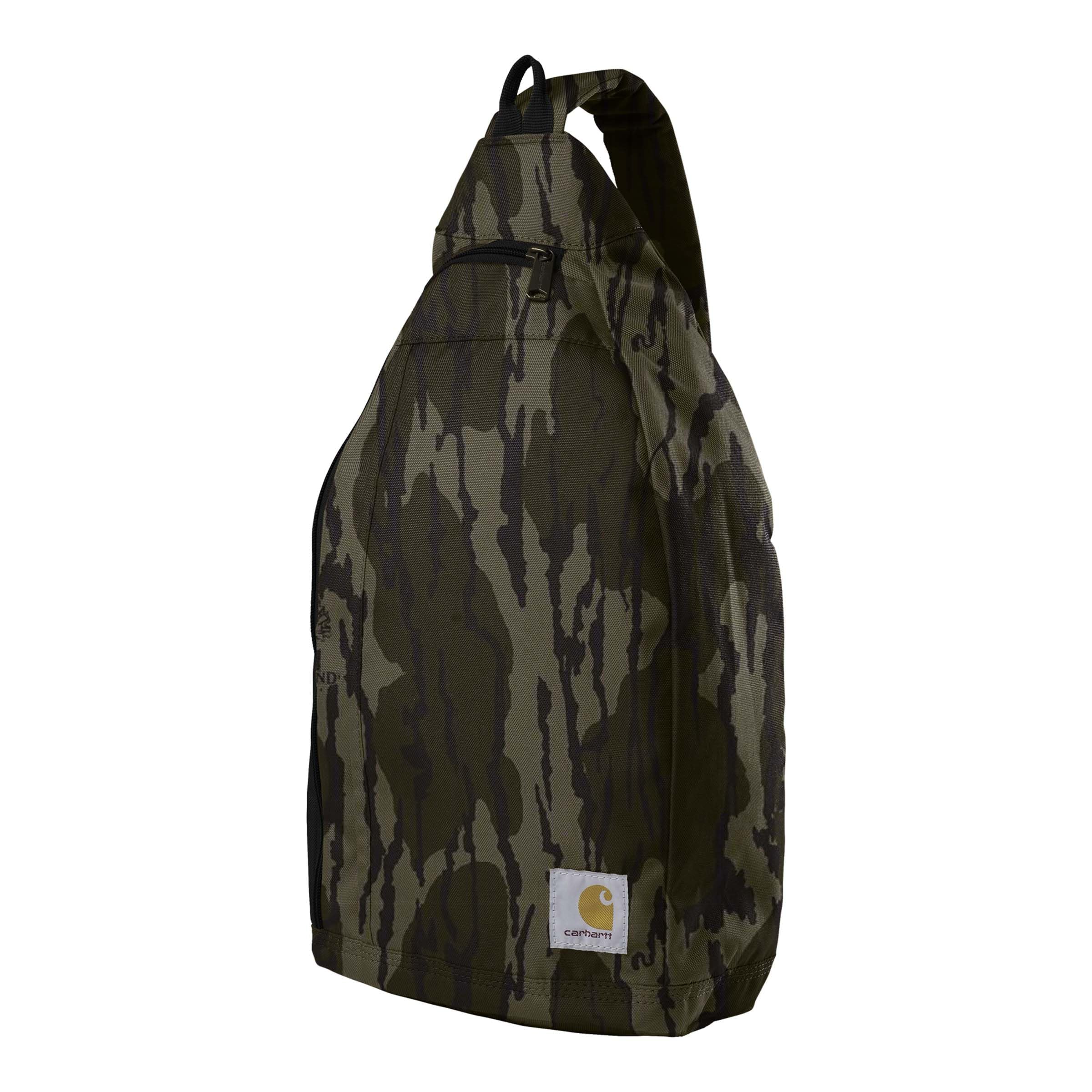 Carhartt Durable Sling Bag, Crossbody Backpack with Side Release Buckle, Tablet Sleeve and Adjustable Strap, Mossy Oak Bottomlands, 10L