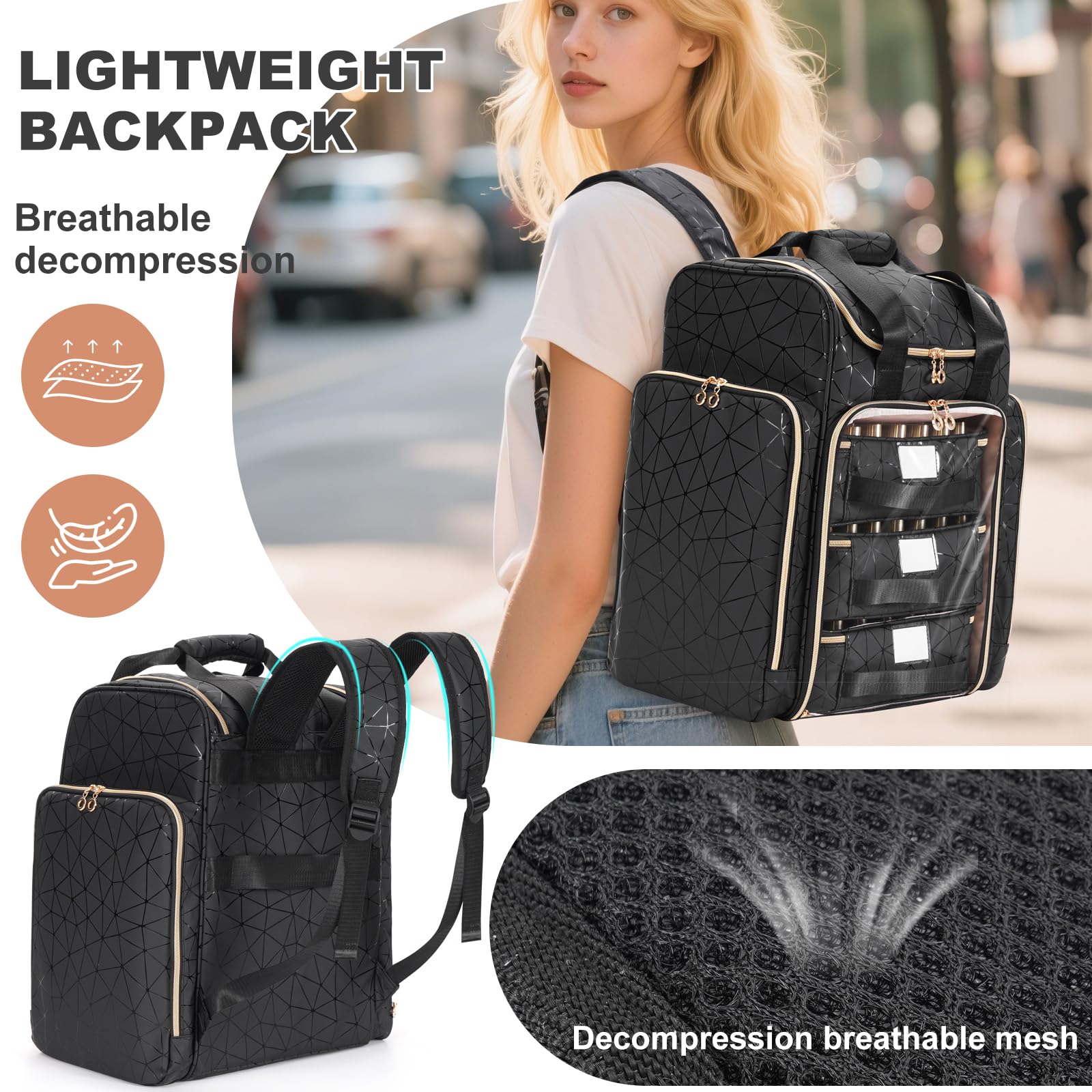 Uross Organizer per unghie per 126 flaconi di smalto e 1 lampada LED per unghie, borsa per la decorazione delle unghie, accessori (nero)