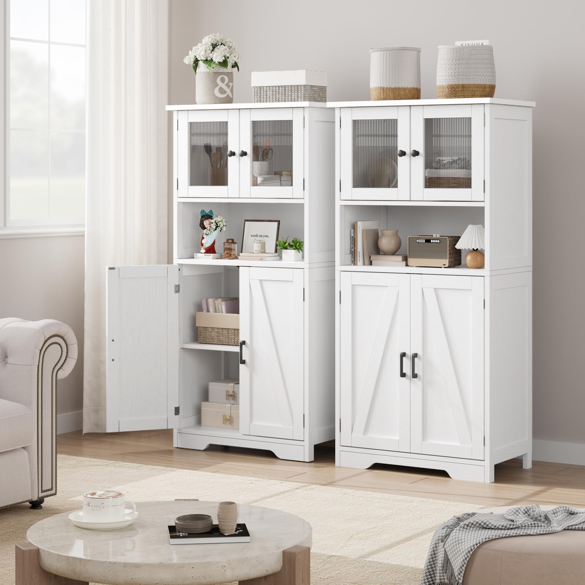 Zstar 50.4" Gabinete De Almacenamiento Grande De MDF con 4 Puertas y 1 Compartimento Abierto, 2 Puertas De Vidrio, Estantes Ajustables para Cocina, Dormitorio, Sala o Pasillos, Blanco.