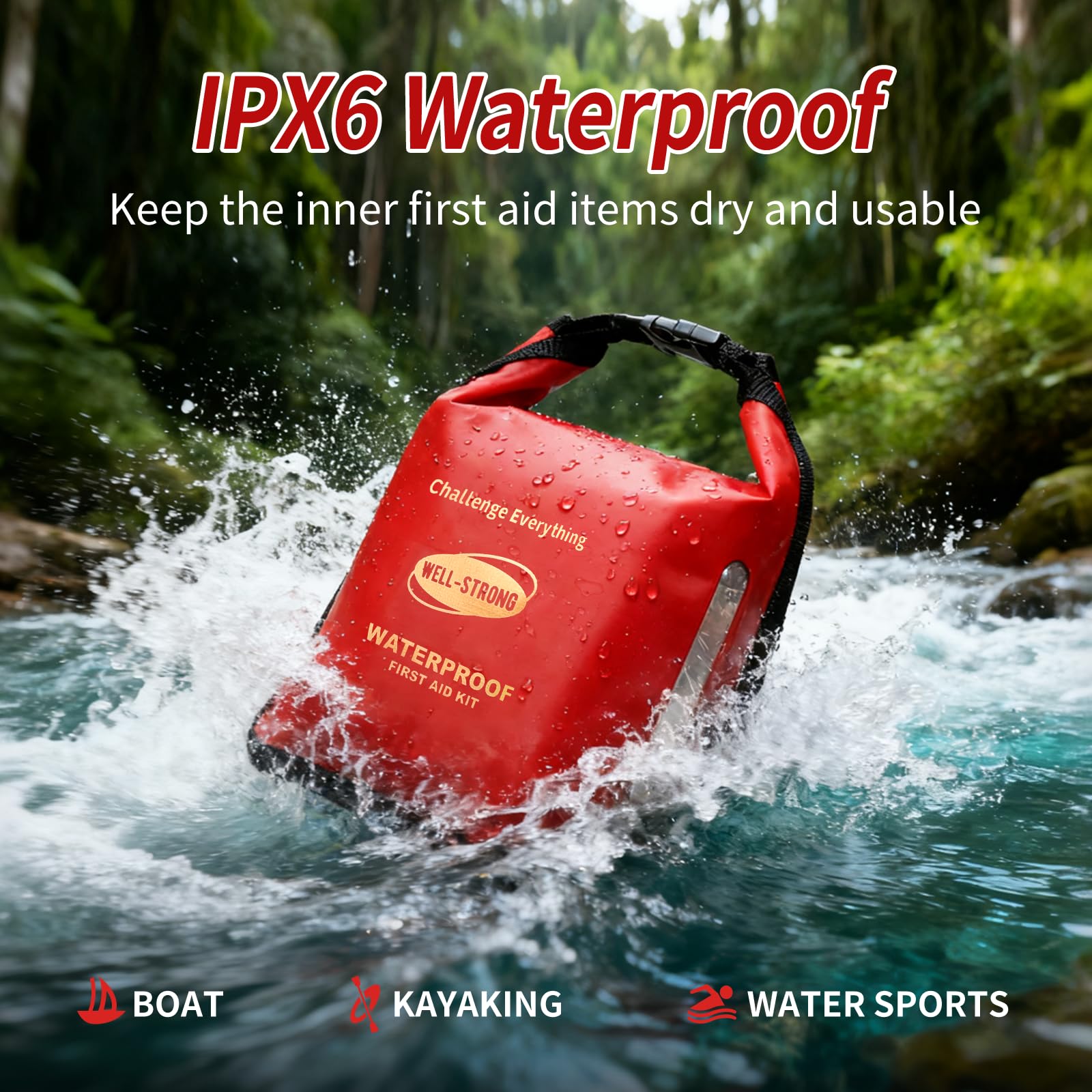 226pcs Waterproof First Aid Kit for Boat with Roll Top Design Compact Red — Amazon image 2
