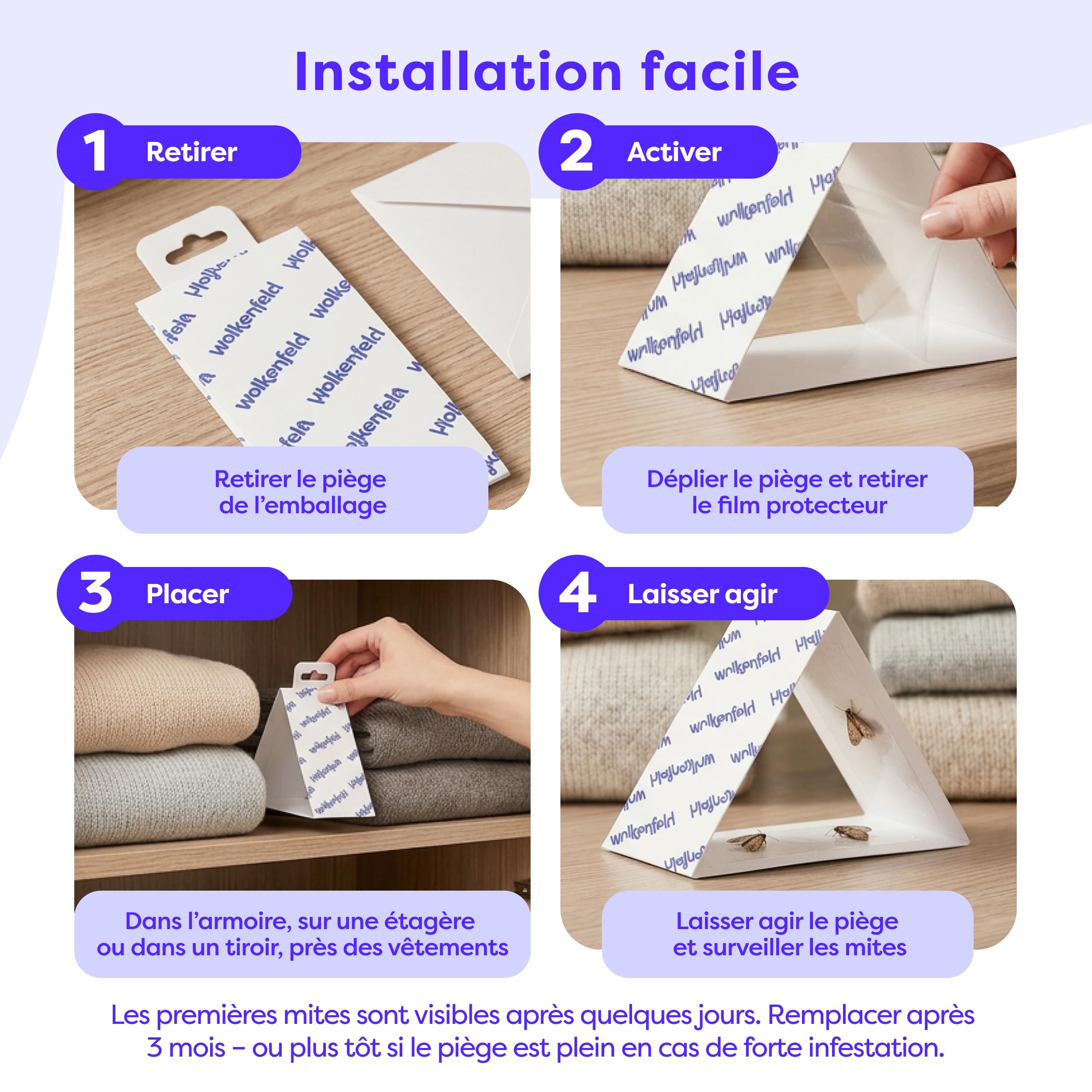 Wolkenfeld Anti Mites Textiles Piège à Mites Vêtements Adhésifs 8 Pièges Laine Cachemire 100% Naturel Fabriqué Allemagne