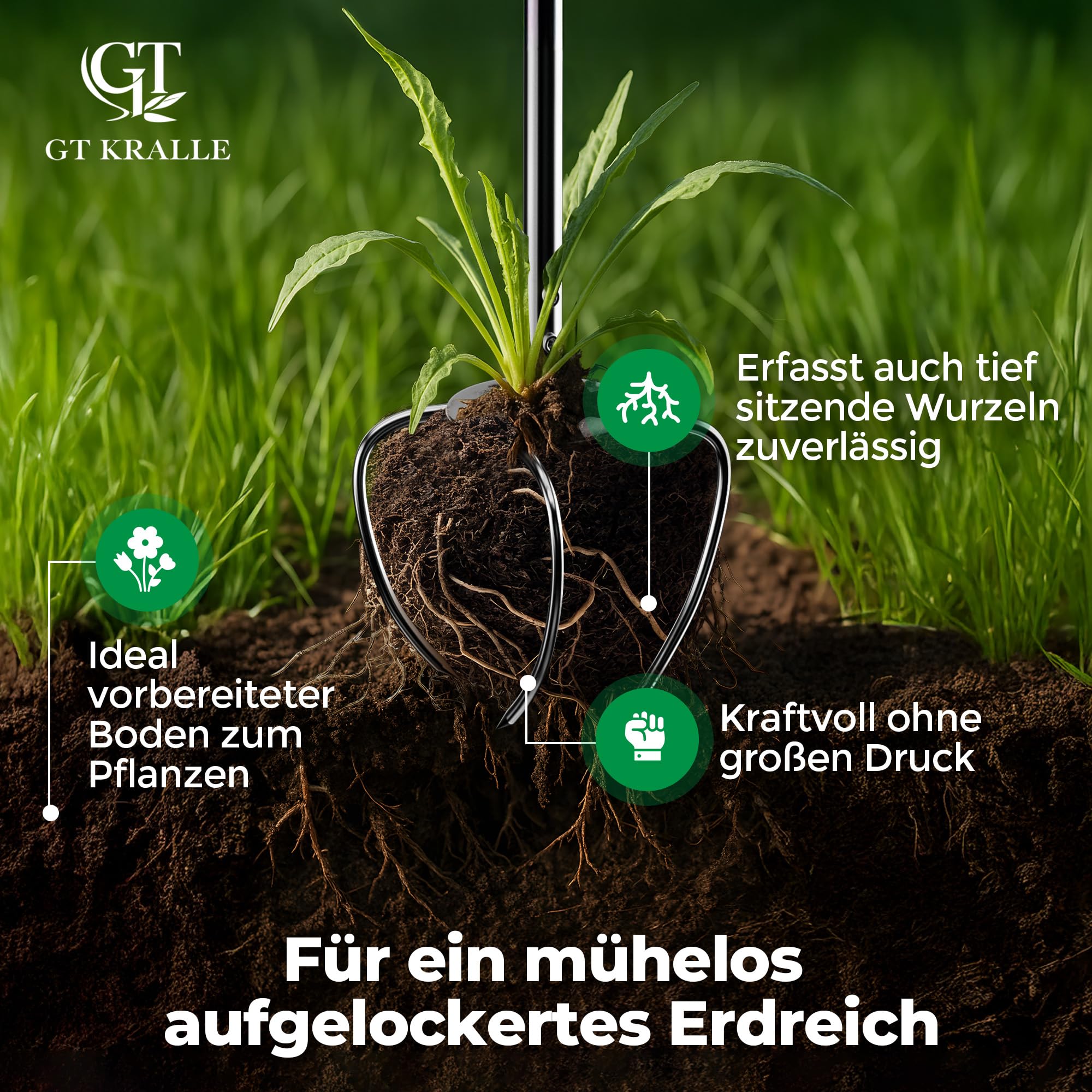 Garra de jardín con mango ajustable en altura y ergonómico | Extractor de malezas de acero inoxidable para jardinería | GT Kralle