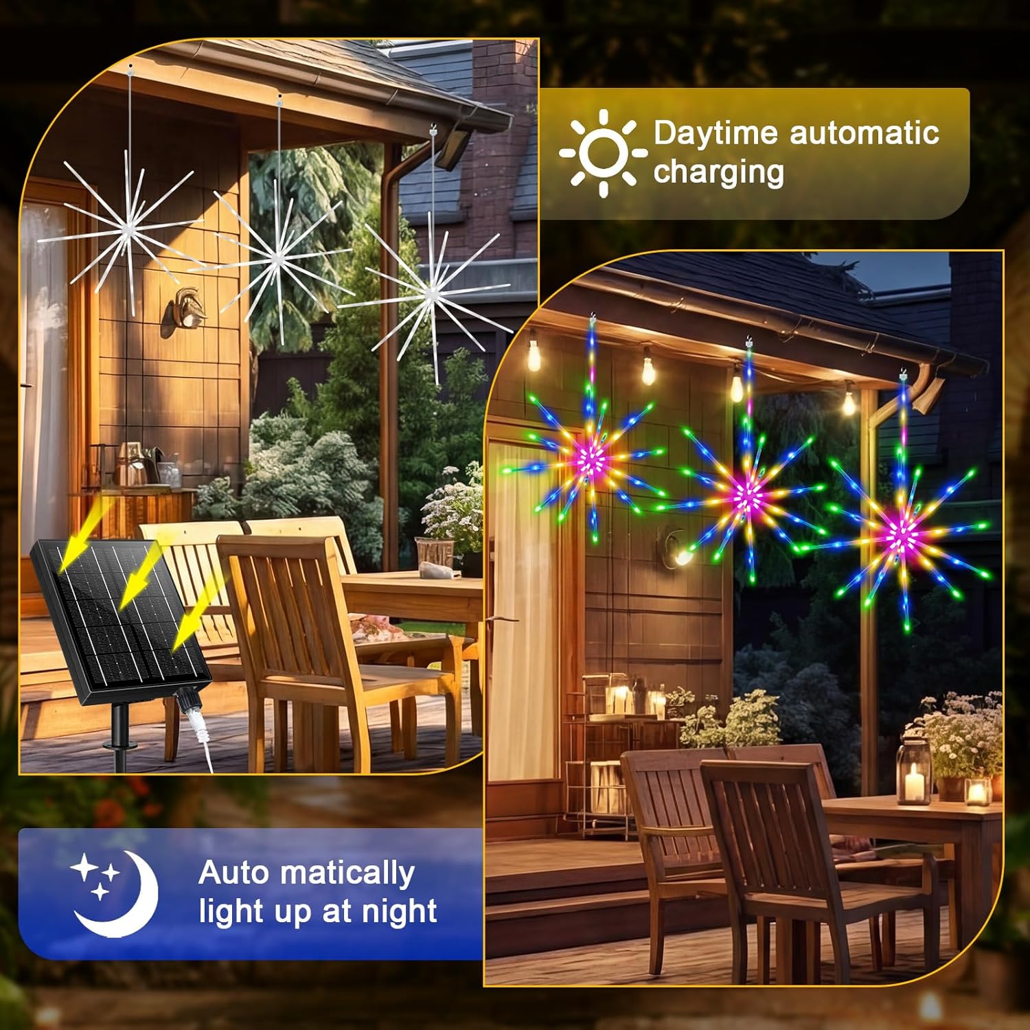 Solar Fireworks Lights for Outside, Starburst Fairy Lights with Solar & Type-C Dual Charge, Remote & Timer, IP65 Waterproof Plug-Free Hanging Garden Yard Decor for Party Wedding Christmas