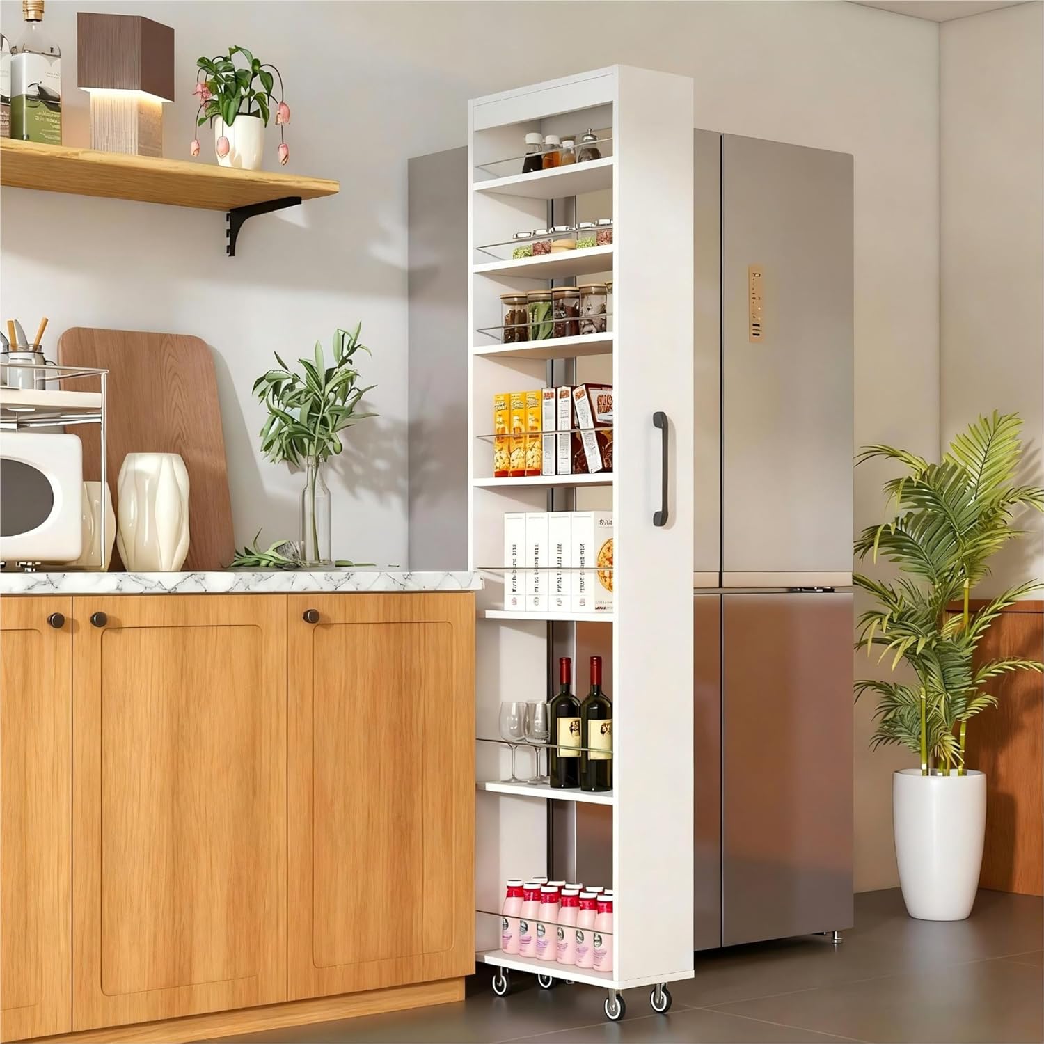 7-Tier Slim Storage Cart with Wheels, 7.9''W Pull Out Rolling Utility Cart, Mobile Shelving Unit Organizer with Handle, Narrow Multi-Functional Open Shelf for Kitchen, Bathroom, Laundry Room