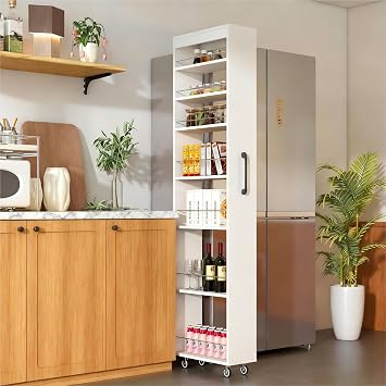 7-Tier Slim Storage Cart with Wheels, 7.9W Pull Out Rolling Utility Cart, Mobile Shelving Unit Organizer with Handle, Narrow Multi-Functional Open Shelf for Kitchen, Bathroom, Laundry Room