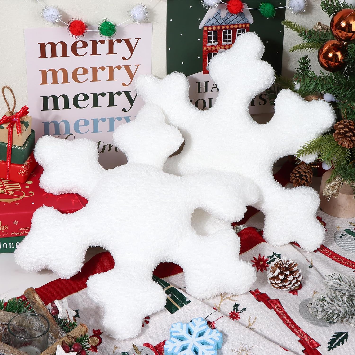 15.7 inch 3 Pcs Christmas Snowflake Decorative Throw Pillows 3D Snowflake Pillows Plush Cute Pillow Snowflake Shaped Pillows for Christmas Winter Decor Couch Sofa Bed Decoration