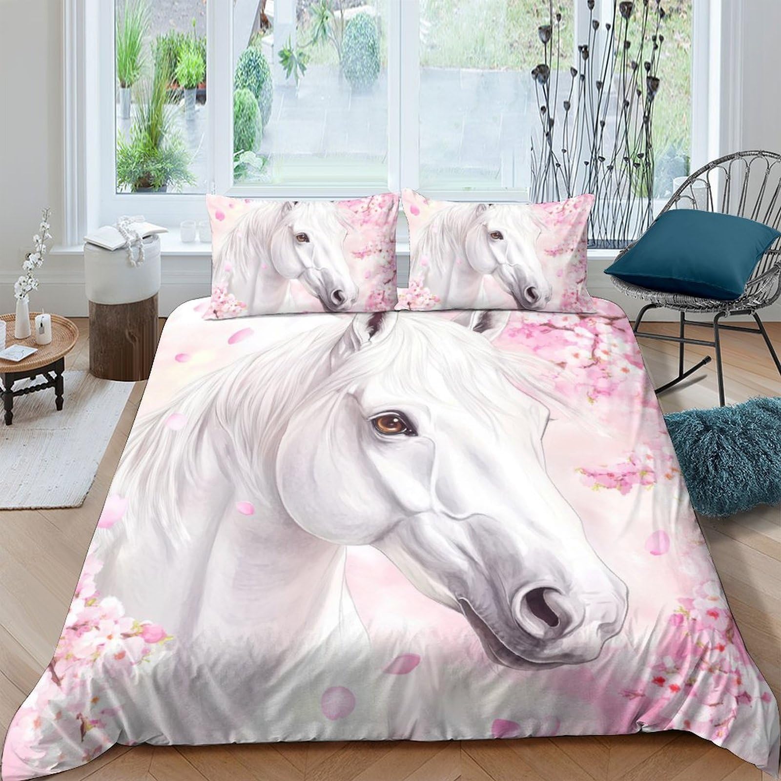 Ctjqhvkz Style-6 3D Printed White Horse Fitted Sheet Microfiber Soft Pink Blossom Bed Cover For Bedroom Guest Room Dorm Mattress Decor Single（135X200cm）