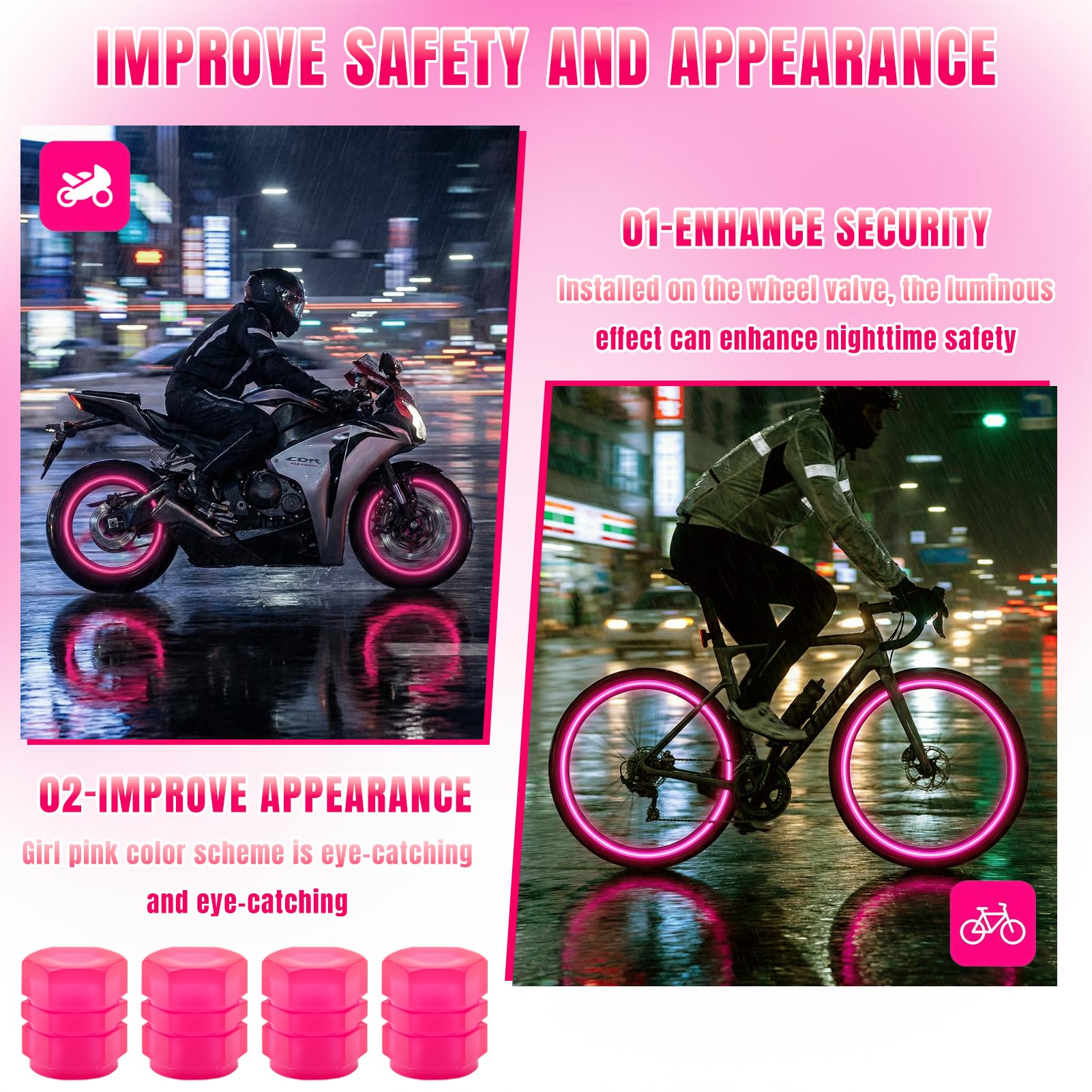 12 Piezas Tapas de Válvulas Luminosas para Coche, Tapones Rueda Coche Fluorescente, Tapones Fluorescentes para Neumáticos, Tapas Luminosas Accesorio Universal para Aire Coche Bicicleta Moto (Rosa) - 5