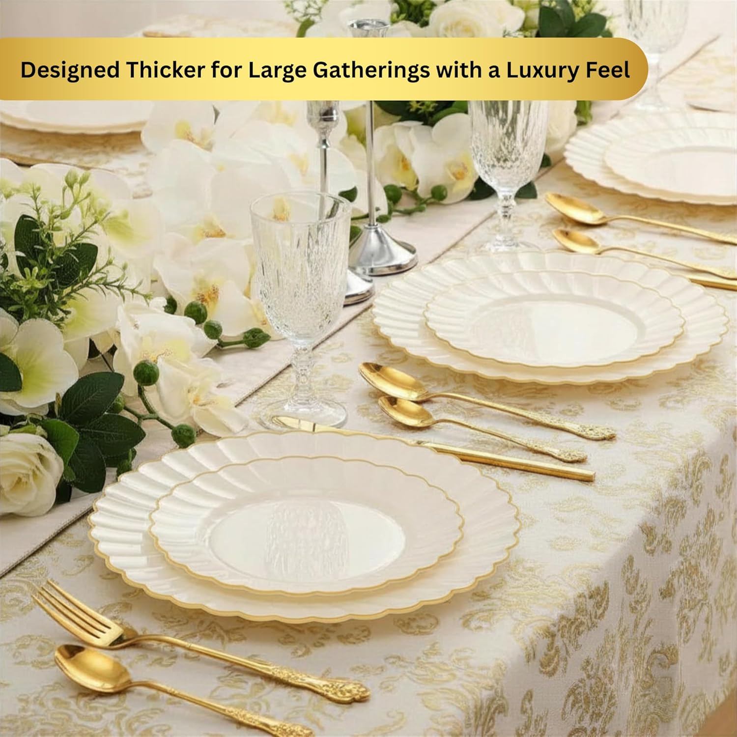 80PCS Elegant Heavy Duty Ivory Disposable Plastic Plates – Premium Scalloped Plates with Gold Rim, 40 Dinner (10.25") & 40 Dessert (7.5") - Fancy Plastic Plates for Parties & Special Occasions