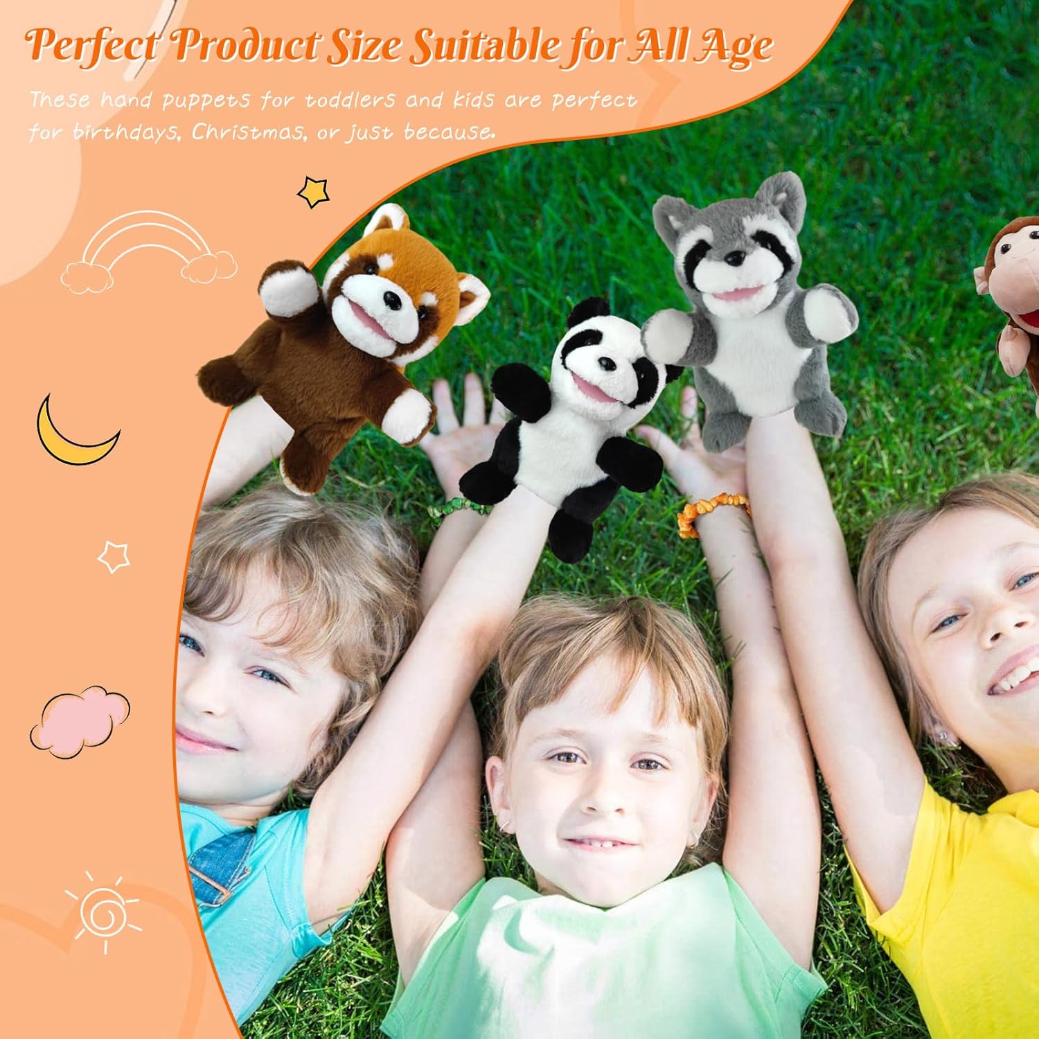 6 Pcs Animal Hand Puppets for Kids - 10 Inches Soft Plush with Movable Mouth, Interactive for Toddler Hands, Including Fun Animals, Imaginative Role Play, Storytelling, Birthday & Easter Gifts