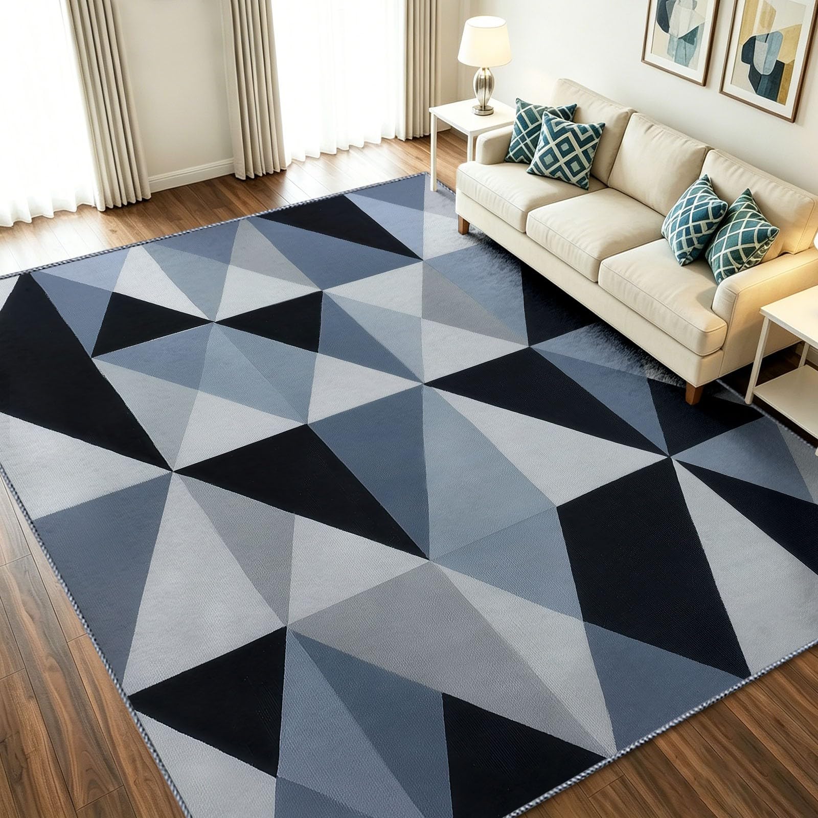 Alfombra de pelo corto geométrica de tacto suave premium y base lavable de alta resistencia