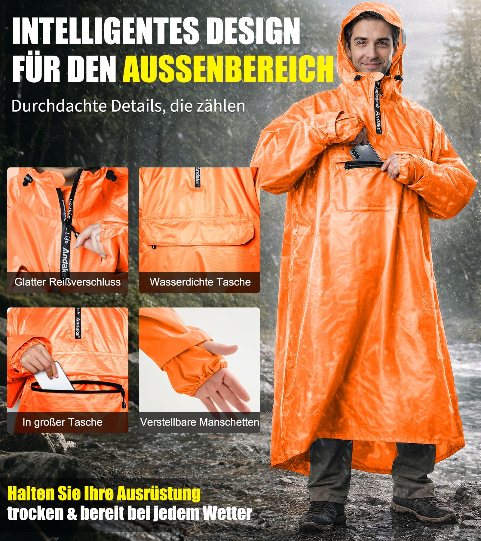 Andake Poncho de Pluie Homme et Femme, Imperméable Cape de Pluie à Manches, Adapté pour le Vélo et la Randonnée