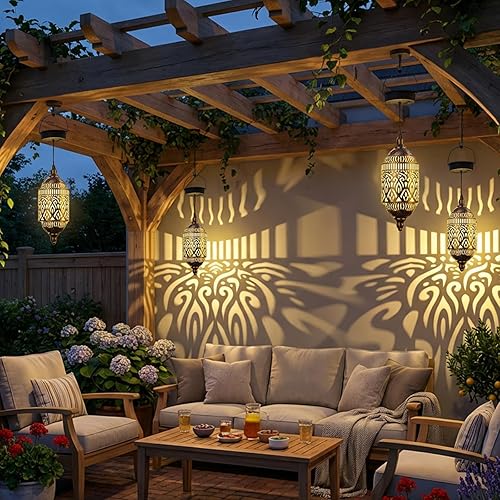 Vista 8 de Twinkya Luces solares colgantes para jardín al aire libre, farol solar impermeable, de metal, marroquí, decoración al aire libre para patio, camino